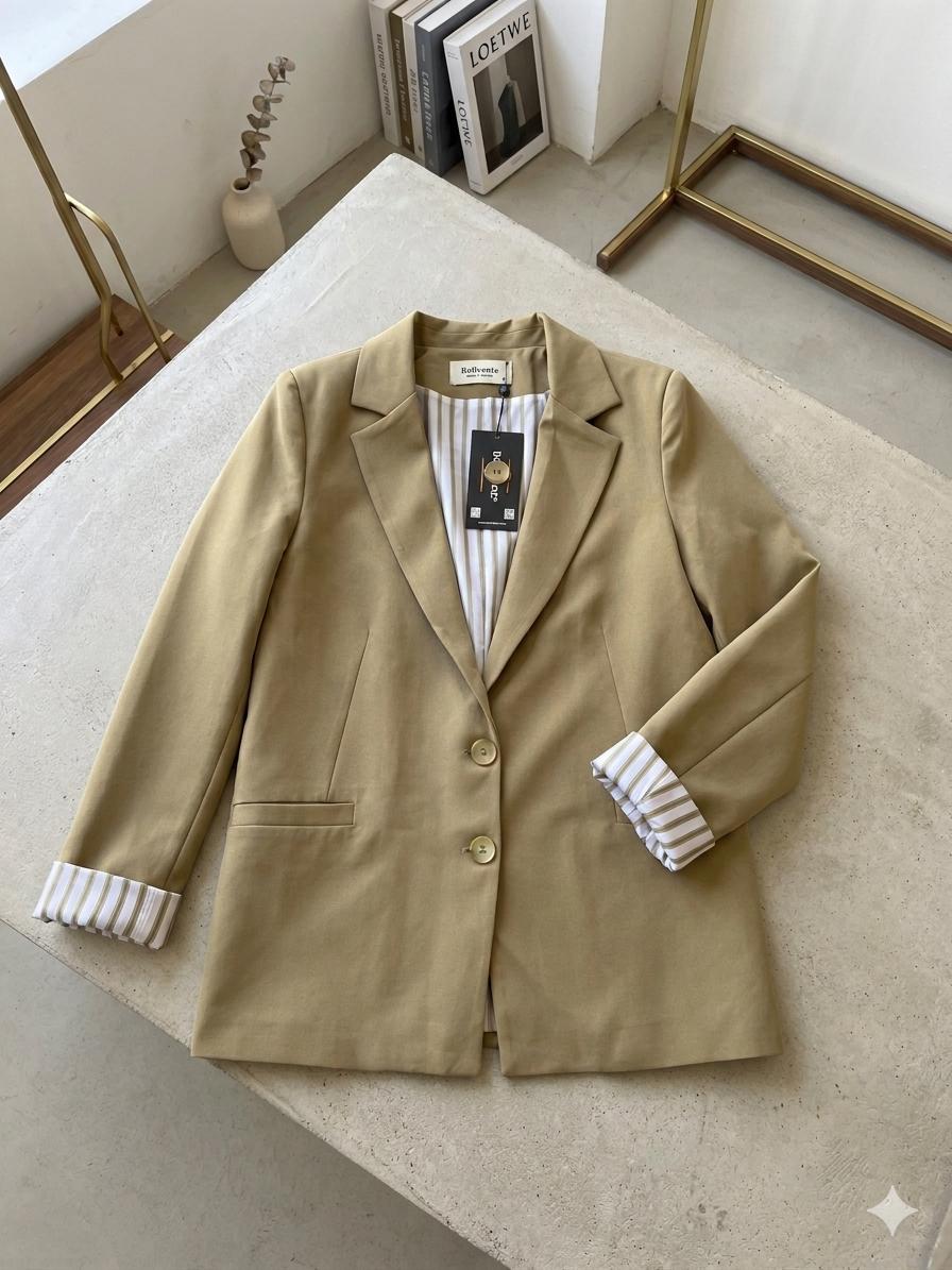 Kadın Oversize Düğmeli Çizgi Desenli Blazer Ceket Haki