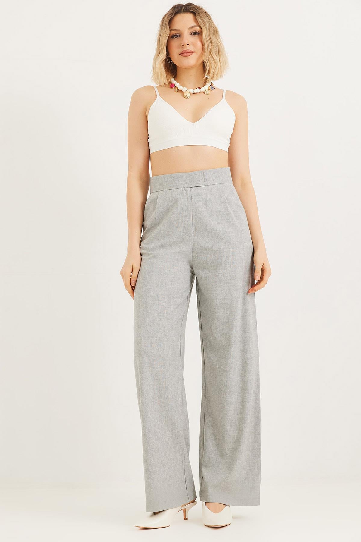 Beli Cırtlı Rahat Palazzo Pantolon Açık Gri