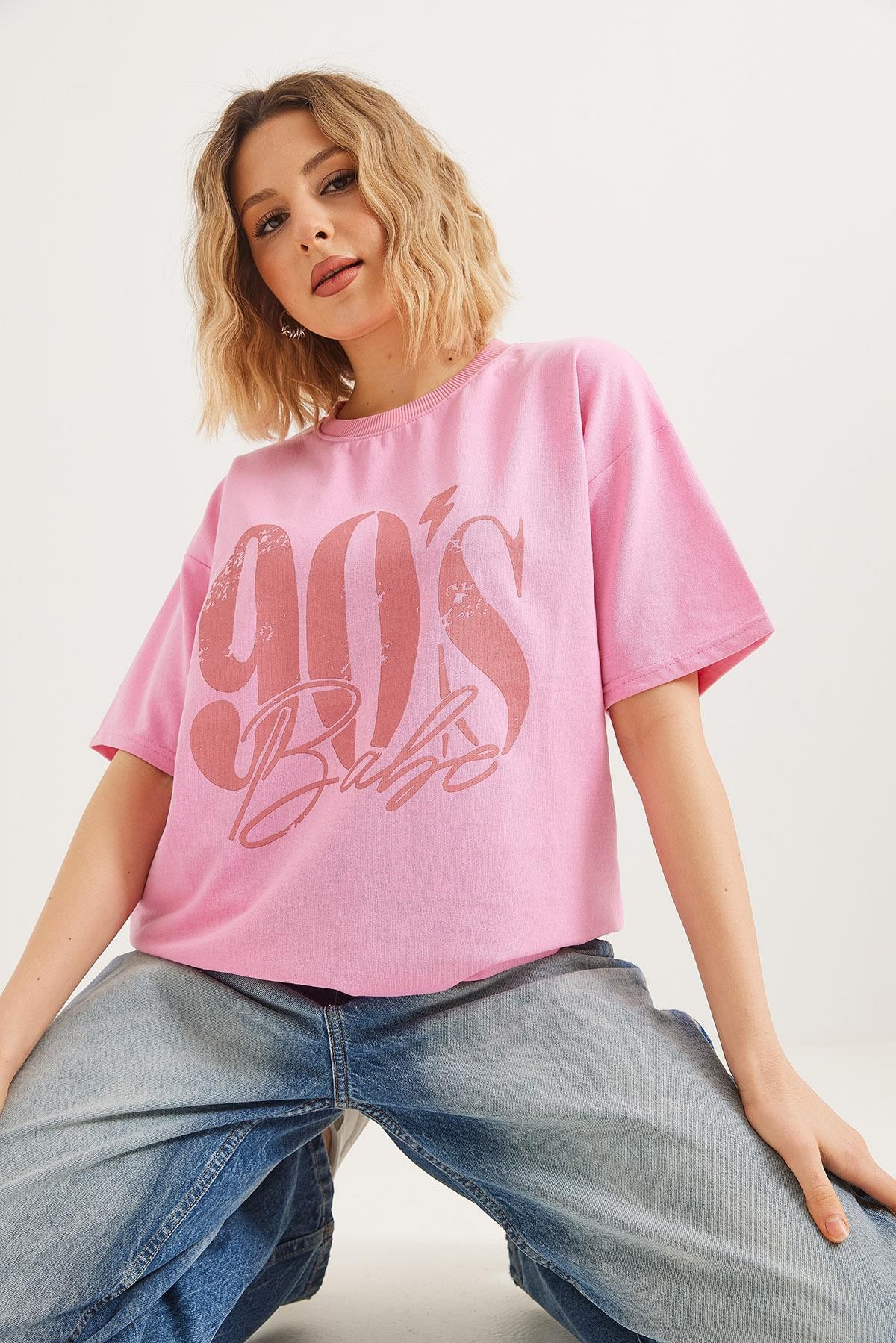 Bisiklet Yaka Kısa Kollu Tshirt Pembe