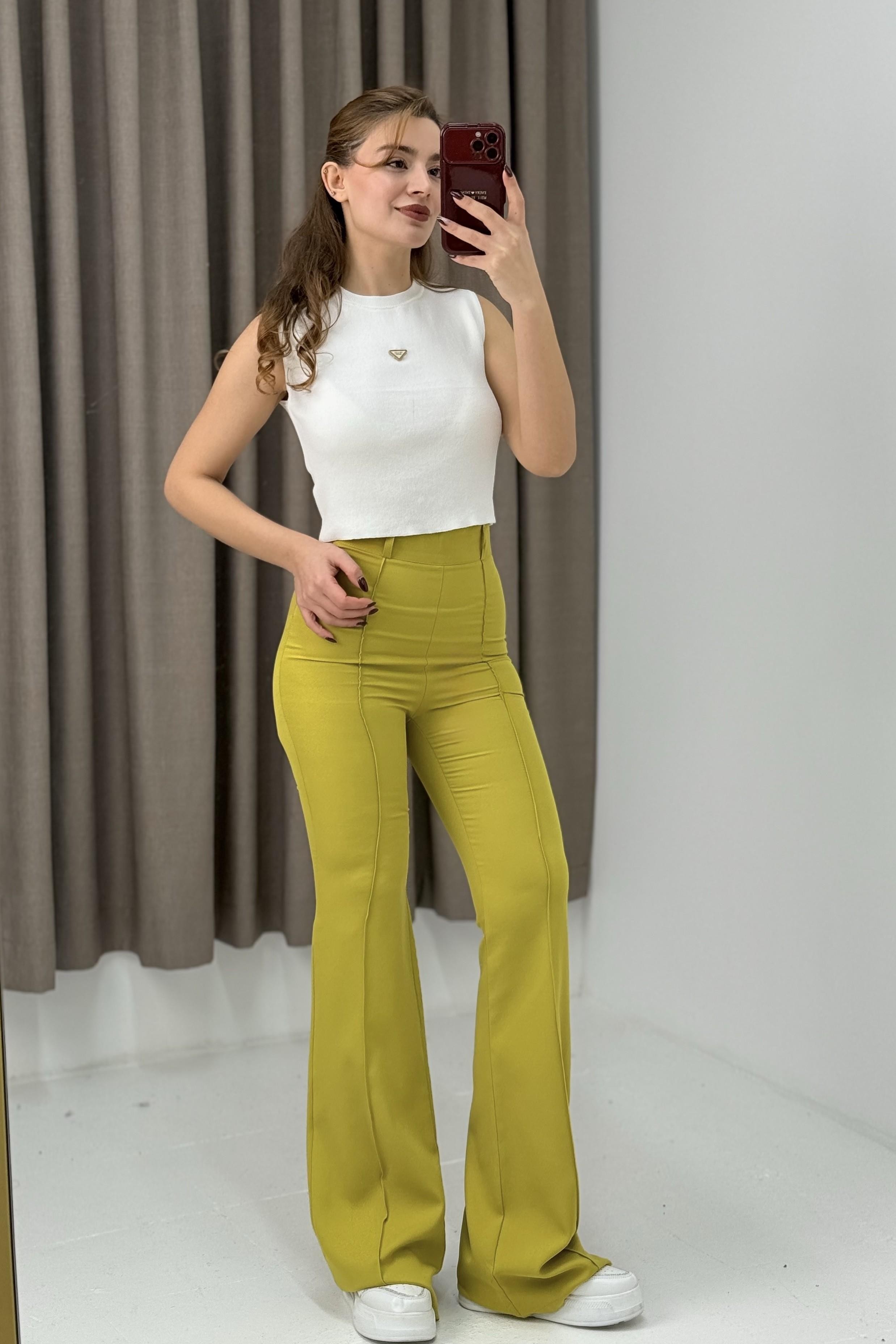 Yüksel Bel Çımalı  İspanyol Paça Pantolon  Yağ Yeşili