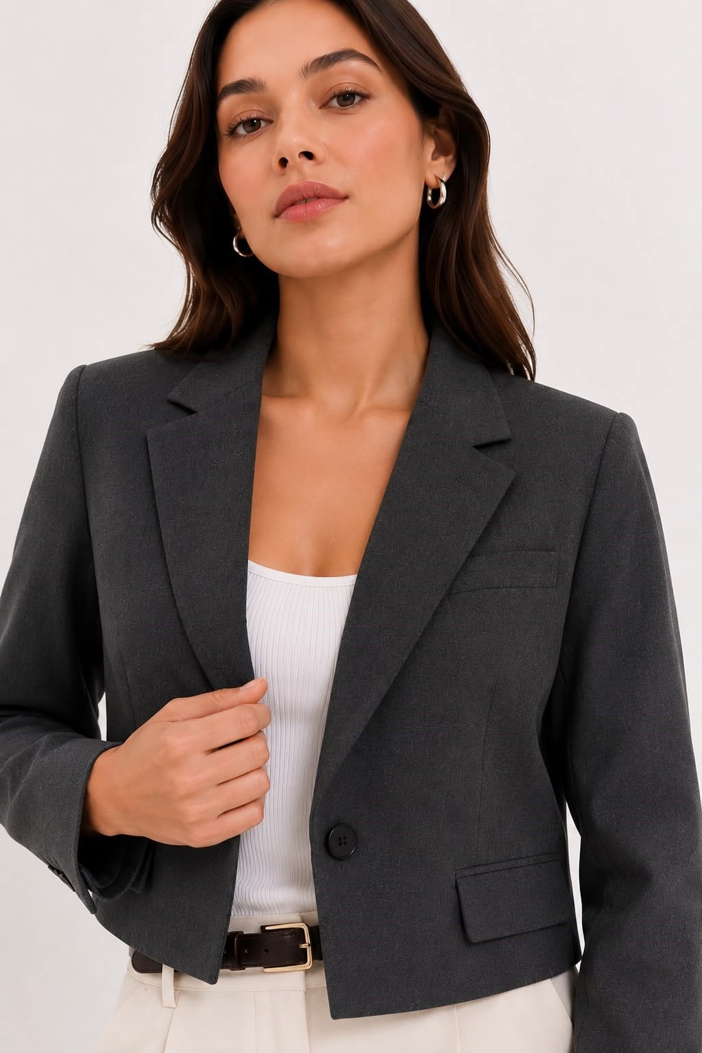 Kadın Crop Cep Detaylı Düğmeli  Blazer Ceket Antrasit 