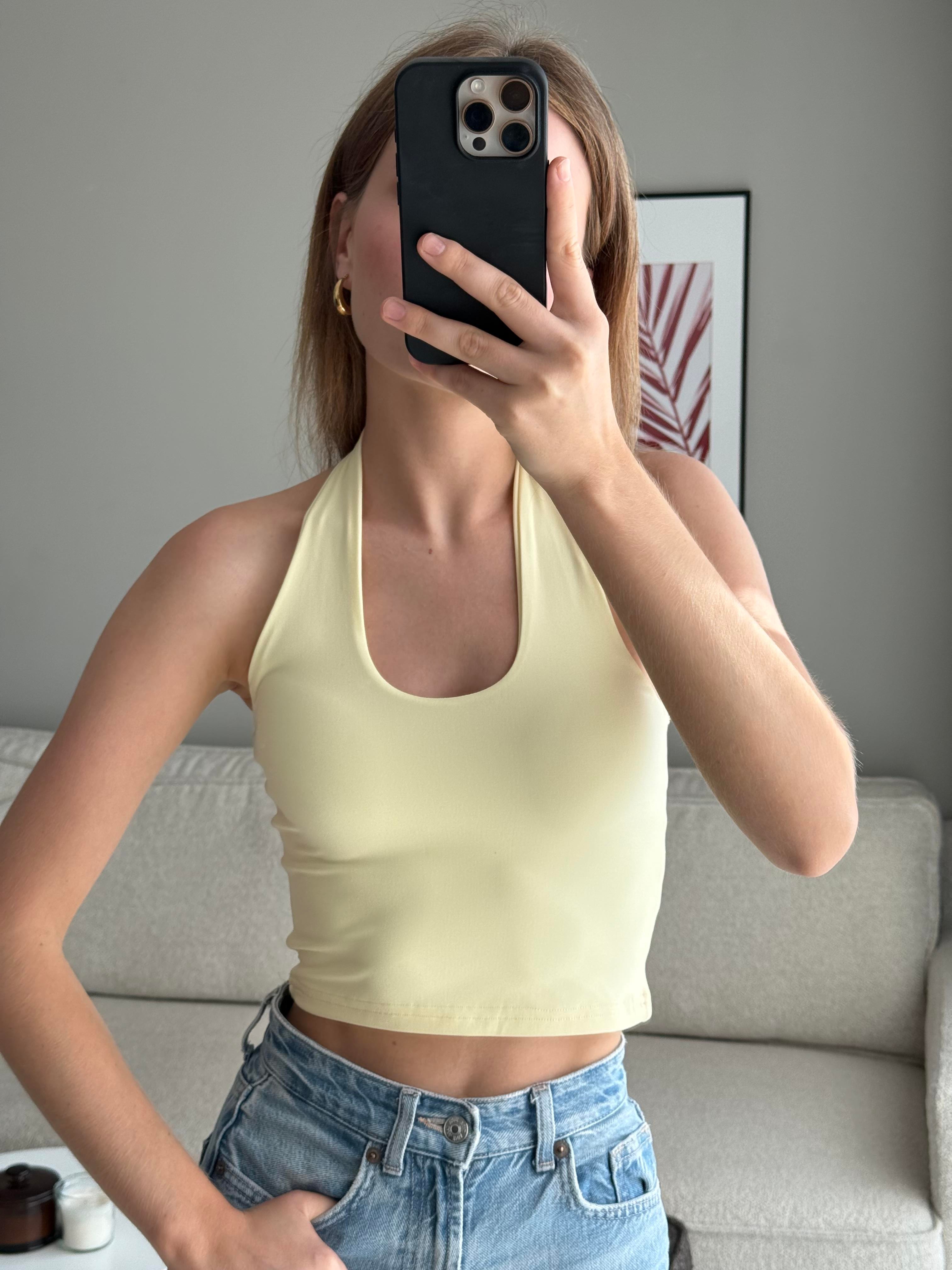 Boyundan Geçirmeli Crop Bluz Sarı