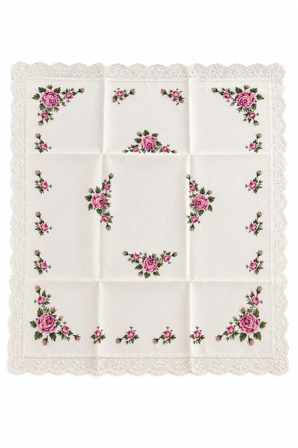 Çiçek Desenli Dantel Detaylı 90x90cm Ölçülü Fiskos Örtüsü Krem