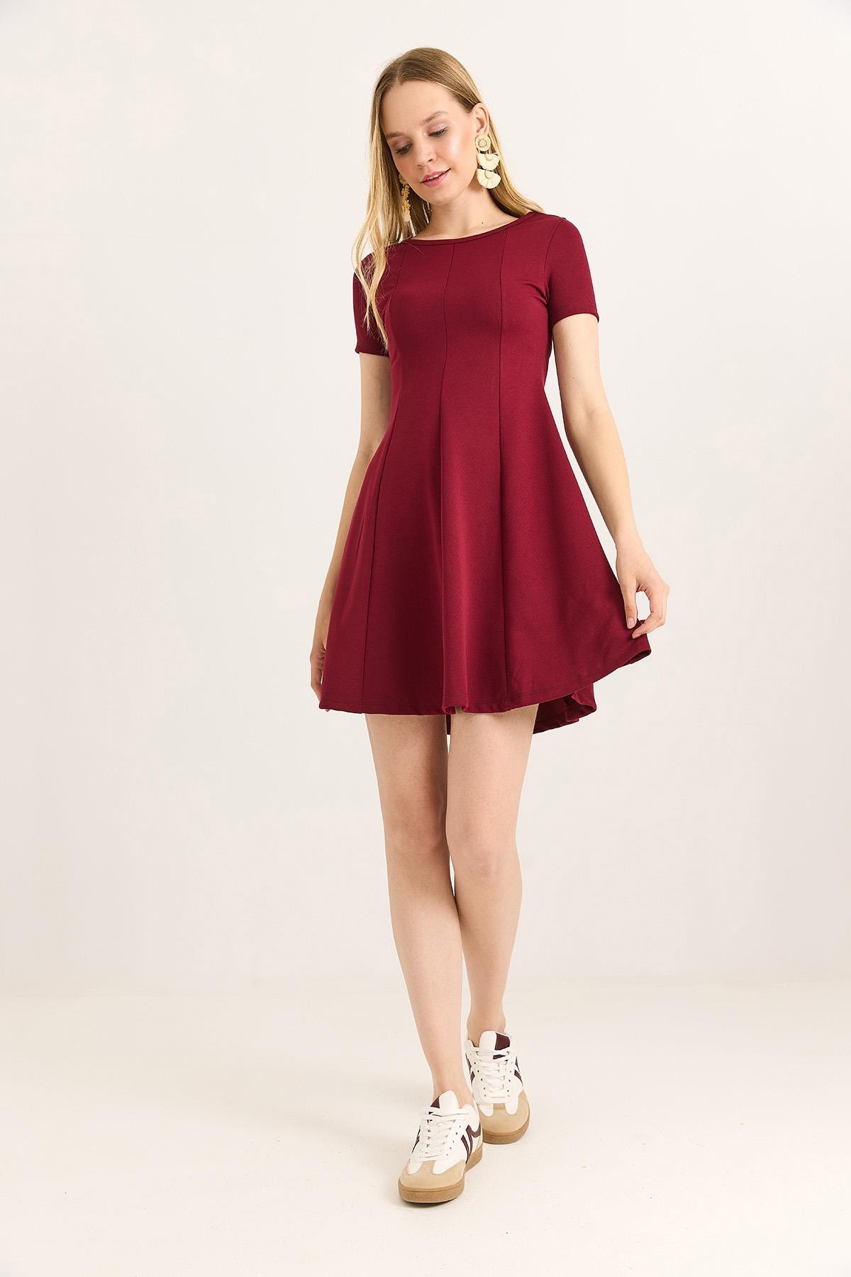 Trend Mini Kloş Elbise Bordo