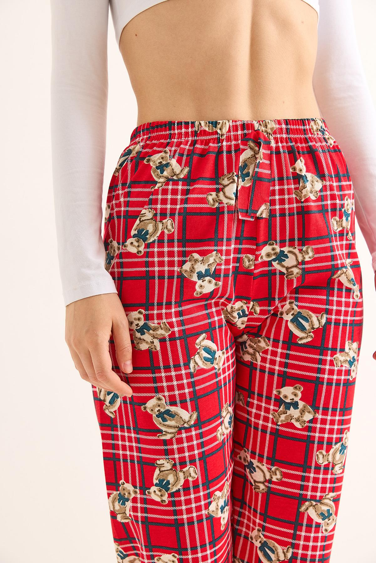 Beli Lastikli  Baskılı Pijama Altı Kırmızı