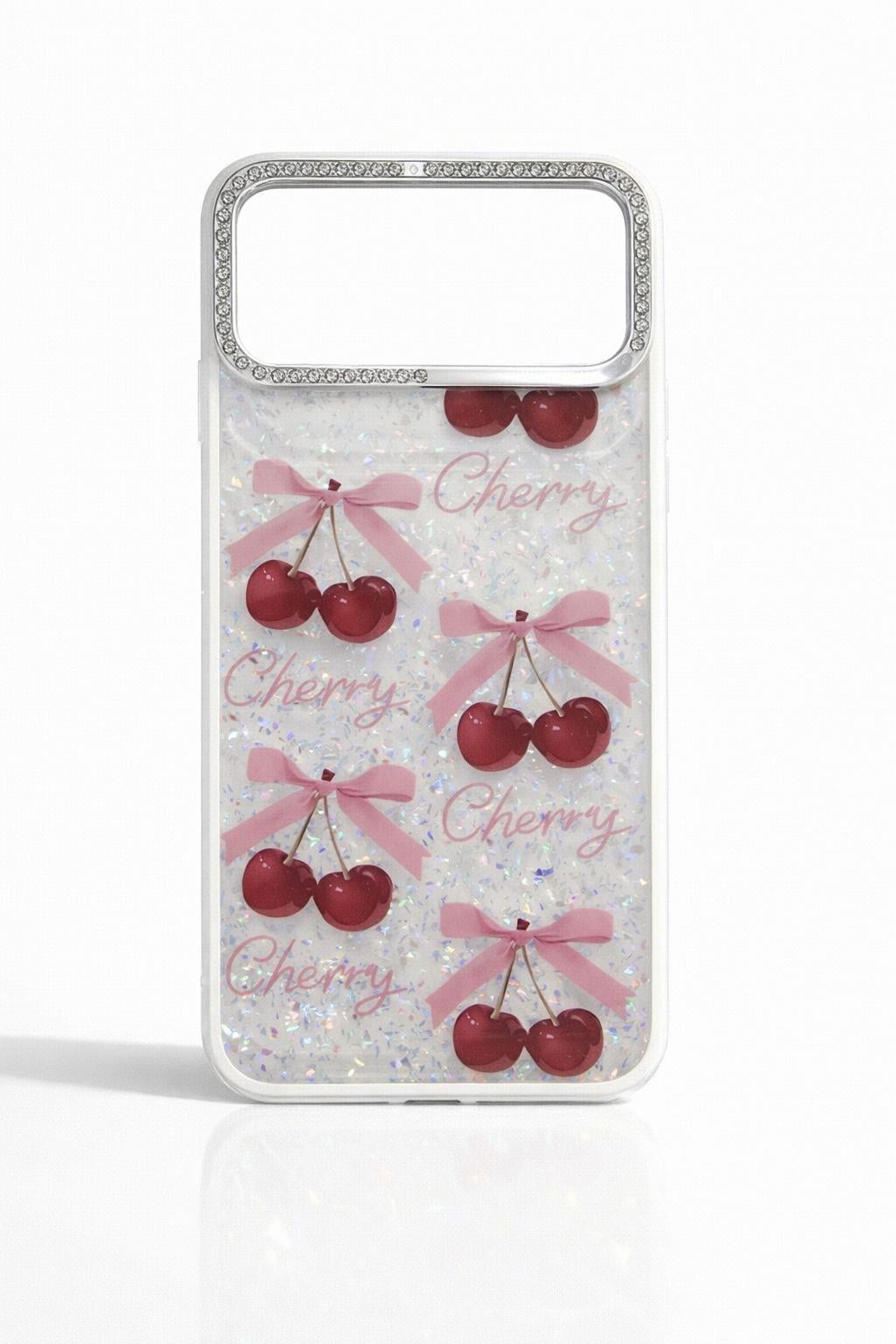 iPhone 17 Pro Max Uyumlu Kiraz ve Fiyonk Desenli Glitterlı Şeffaf Kılıf