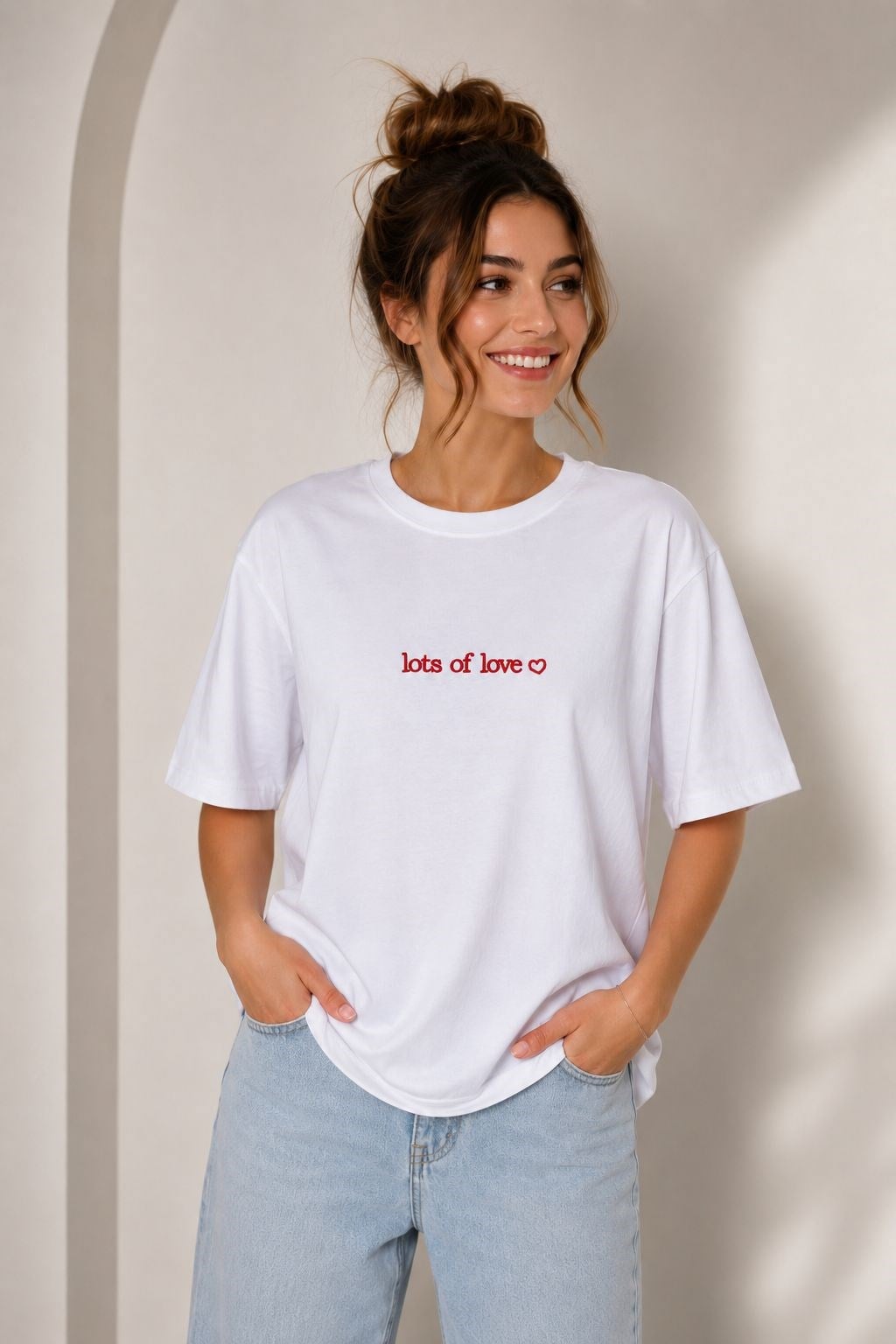 Kadın Bisiklet Yaka Oversize Baskılı Tshirt Beyaz