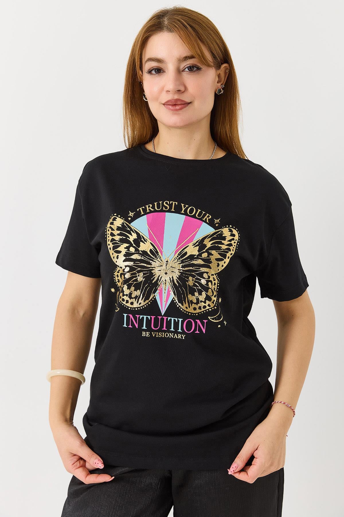 Kadın  Bisiklet Yaka Baskılı Kısa Kol Tshirt Siyah