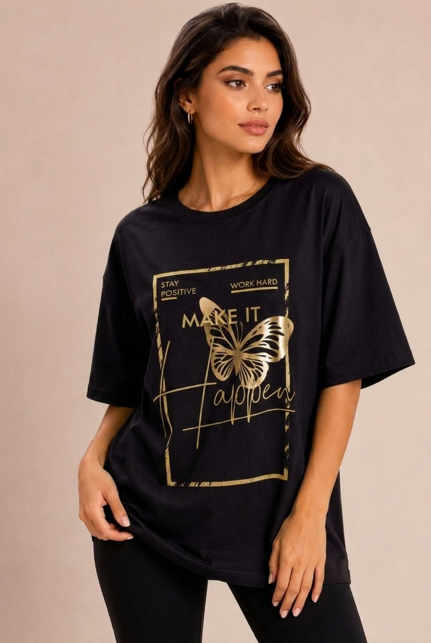 Kadın Bisiklet Yaka Rahat Kesim Tshirt Siyah
