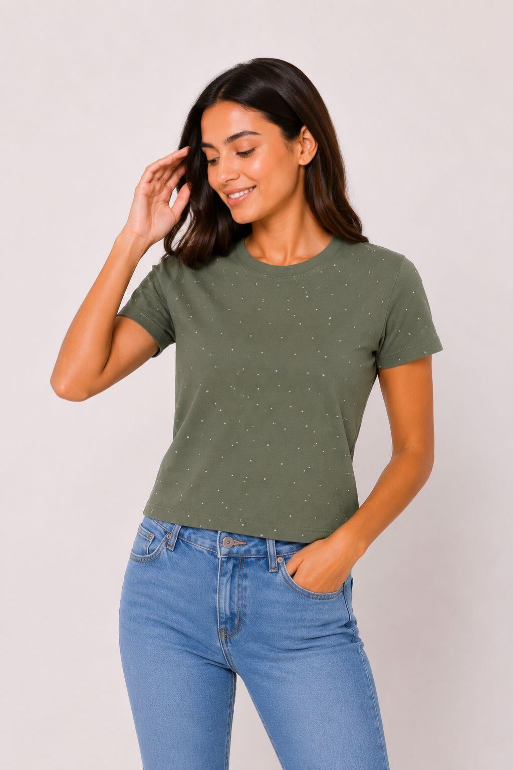 Kadın Bisiklet Yaka Taşlı Crop Bluz Haki