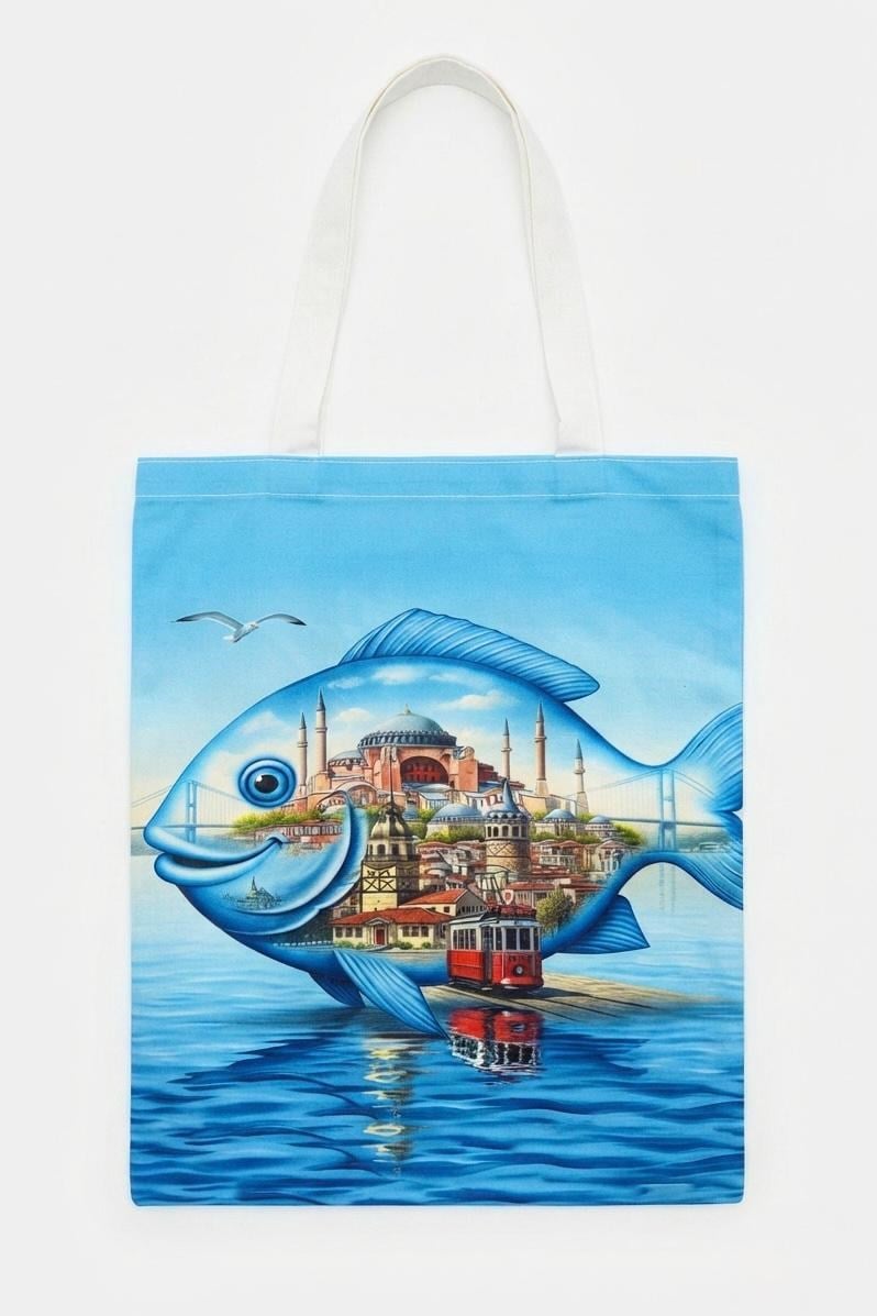 Kadın İstanbul Temalı Balık Desenli 40X32 Ölçülü Bez Omuz Çantası Mavi