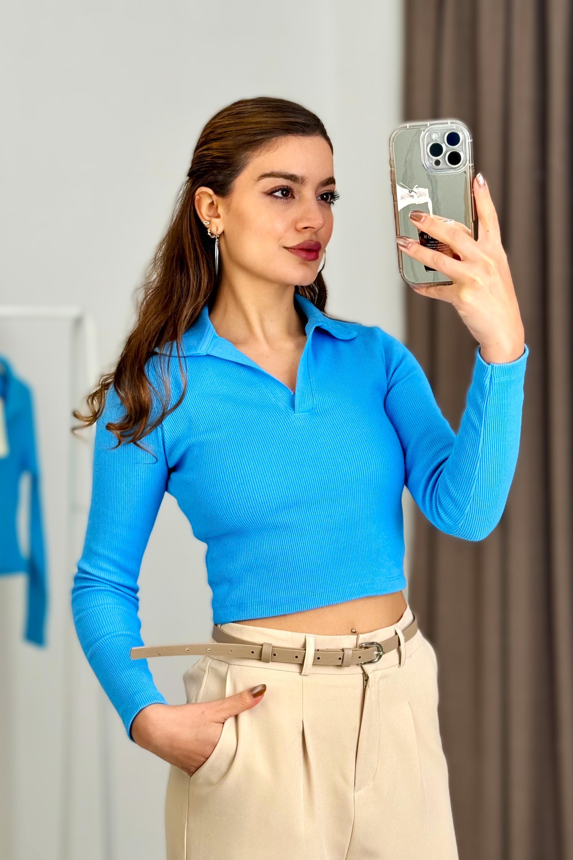 Kadın Polo Yaka Fitilli Crop Bluz Mavi
