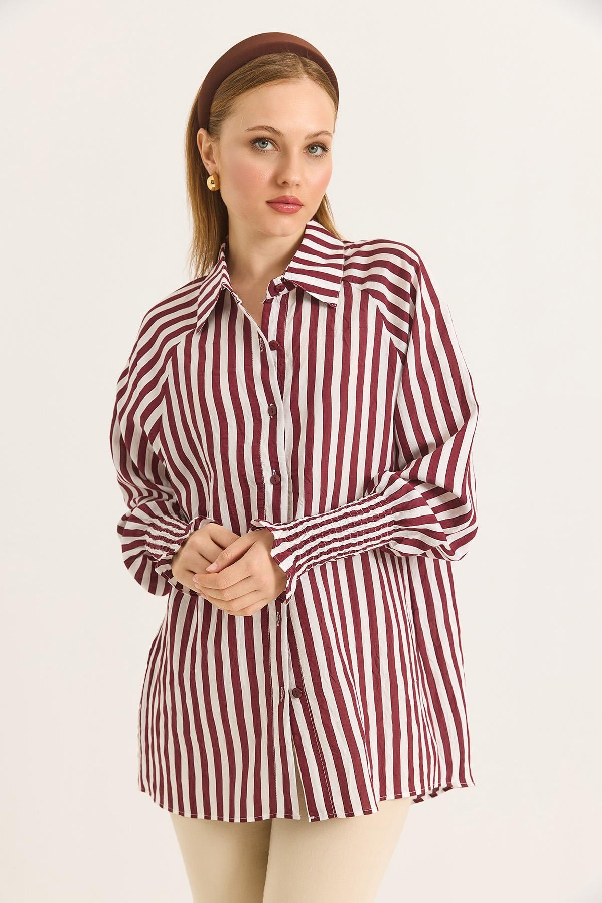 Manşet Detaylı Oversize Şık Gömlek Bordo