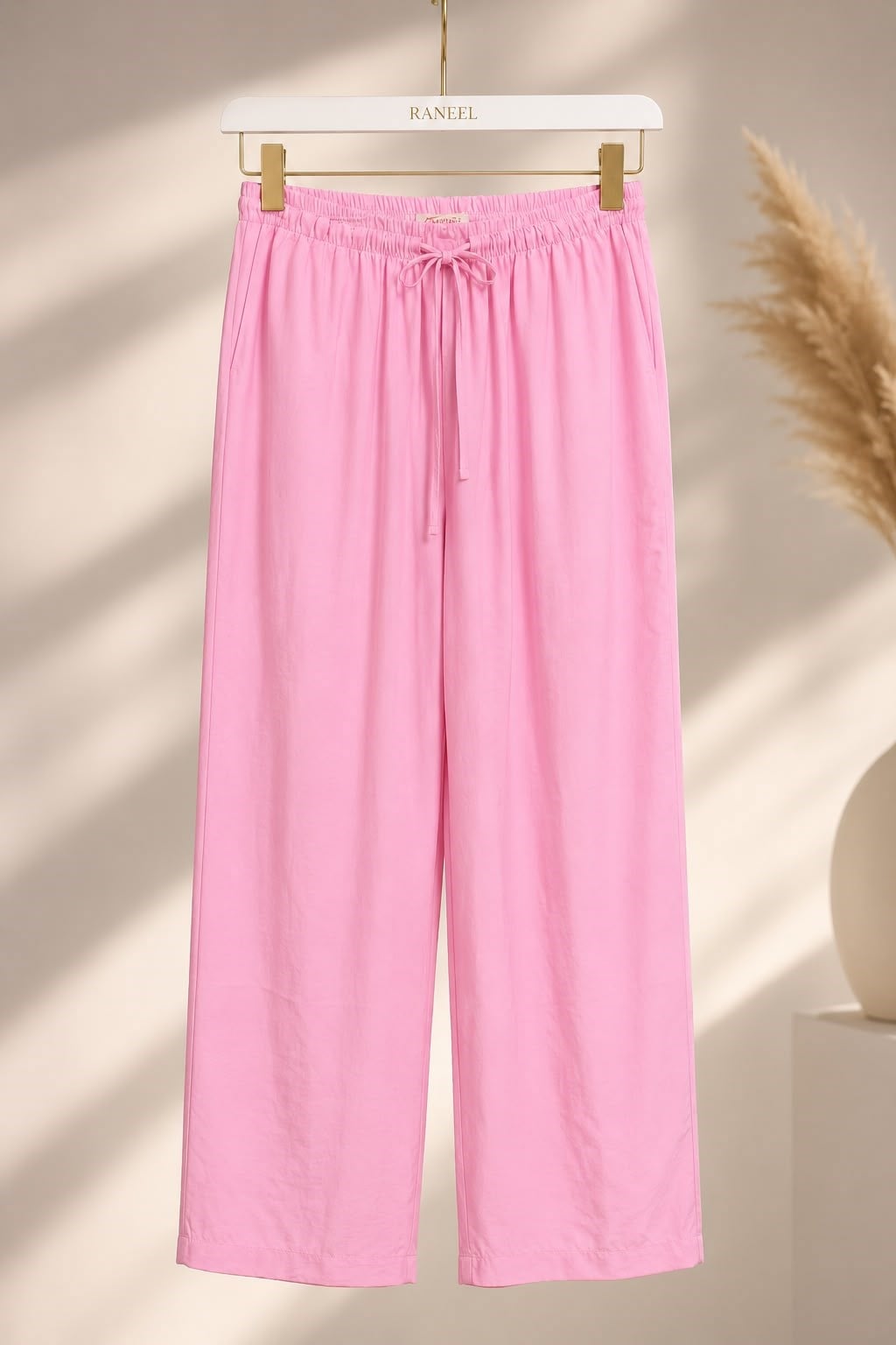 Kadın Beli Bağcıklı Bol Paça Yüksek Bel Pantolon Pembe