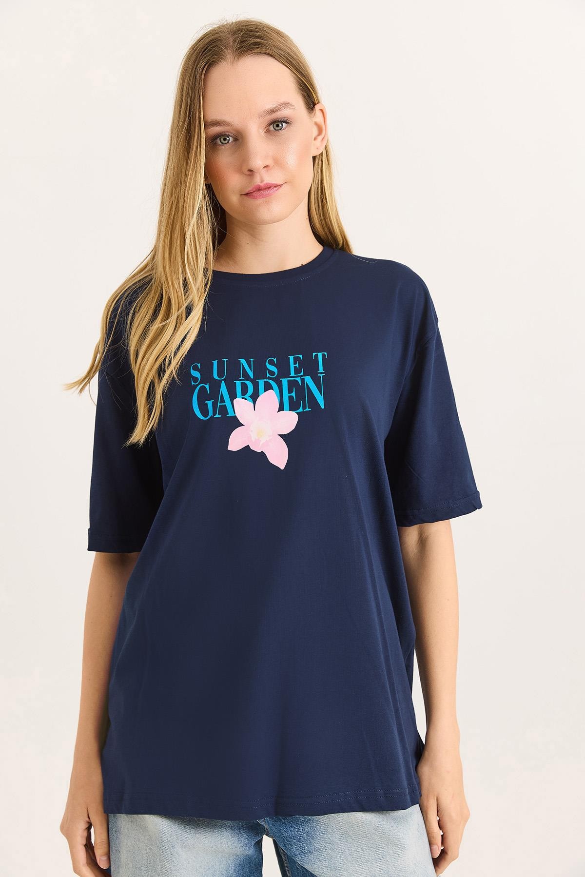 Ön Arka Baskılı Bisiklet Yaka Tshirt Lacivert