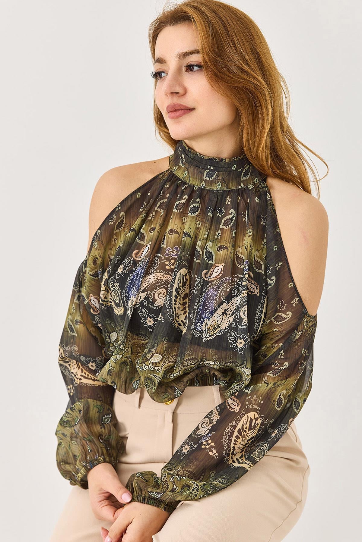 Halter Yaka Full Transparan Omuz Dekolteli  Bluz Yeşil