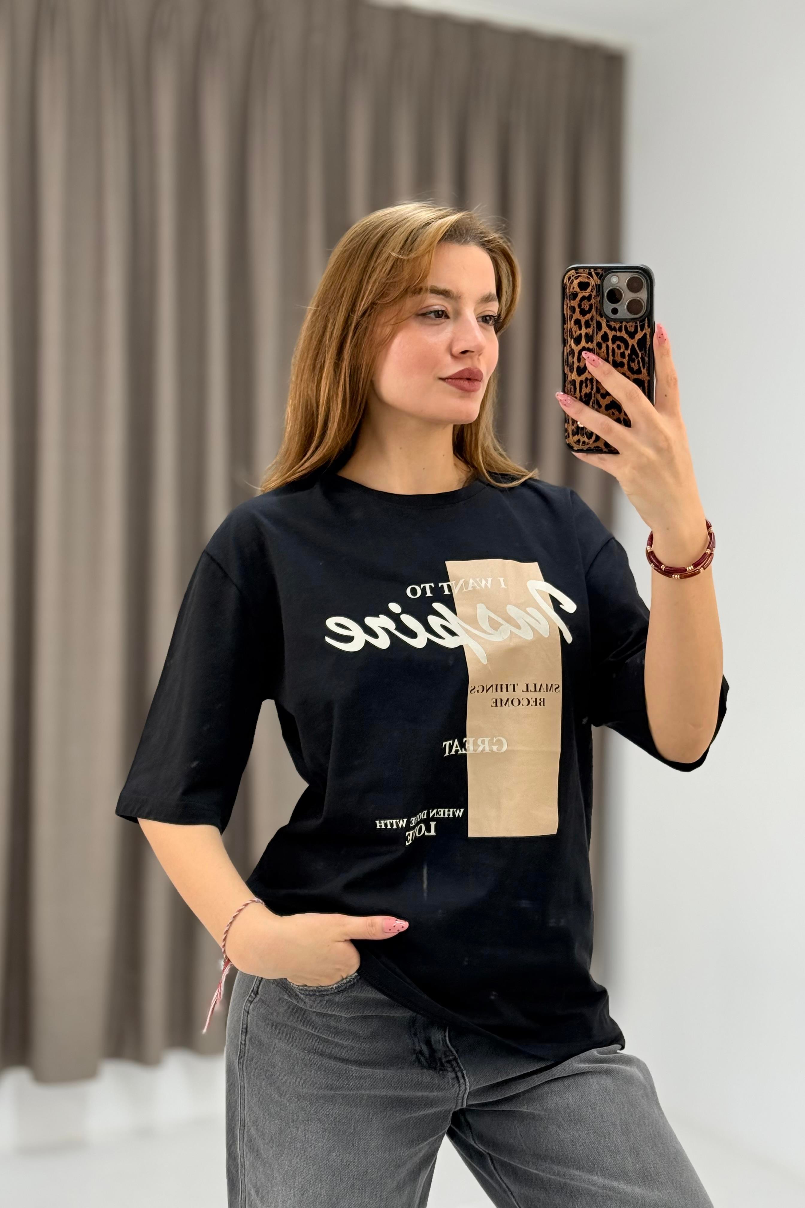 Kadın Yazı Baskılı Bisiklet Yaka Tshirt Siyah