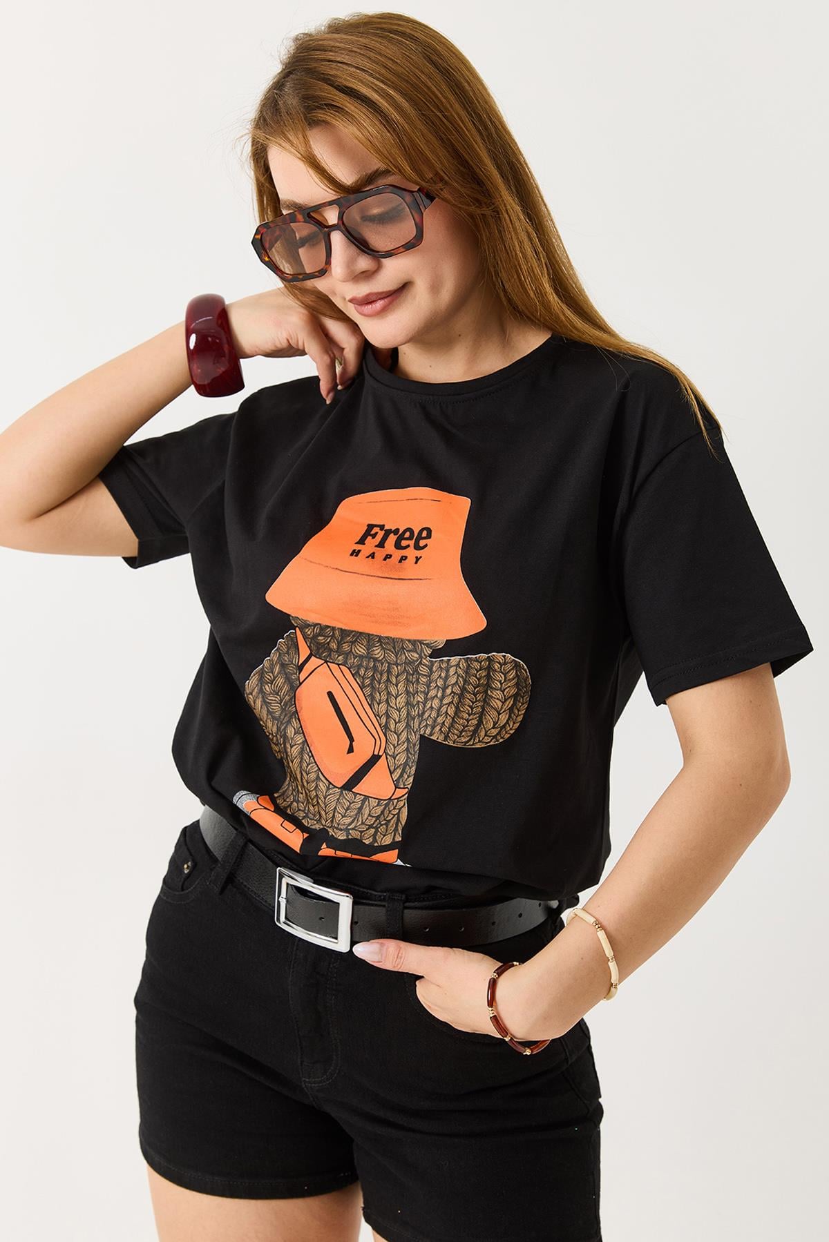 Kadın Free Happy Yazılı Bisiklet Yaka Tshirt
