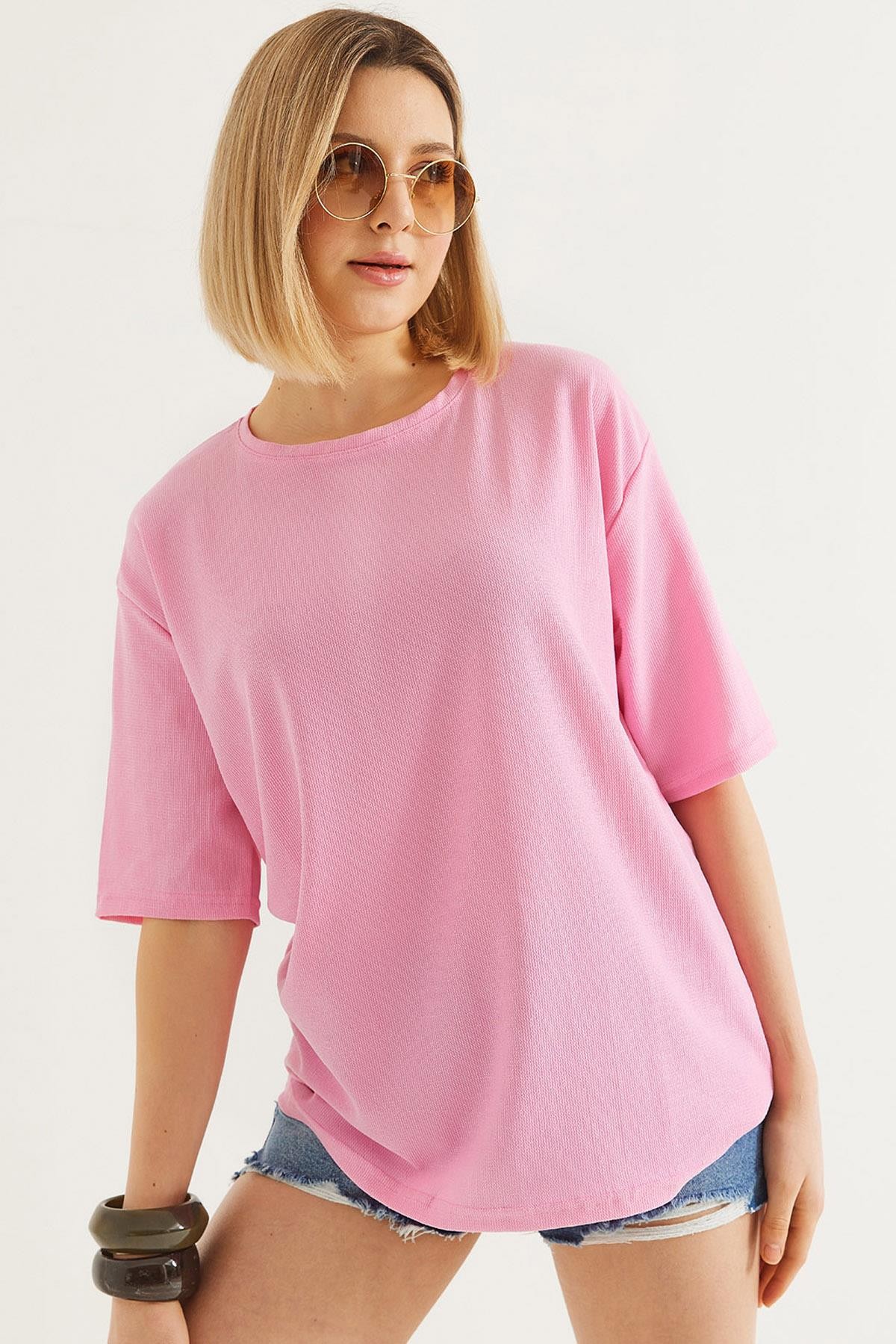 Bisiklet Yaka  Kısa Kol Basic Tshirt Pembe