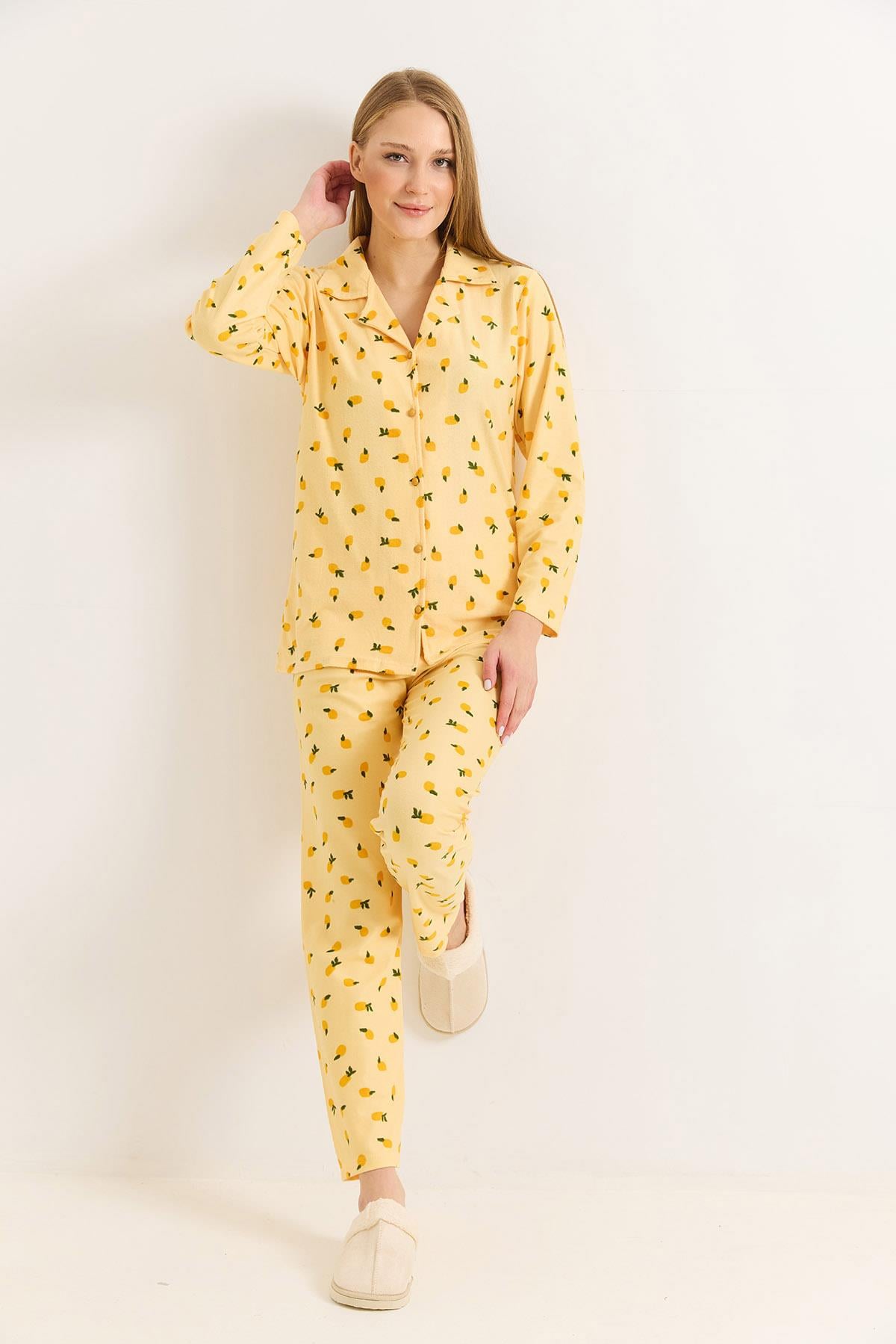 Sarı Kadın Polo Yaka Pamuklu Limon Desenli Pijama Takımı