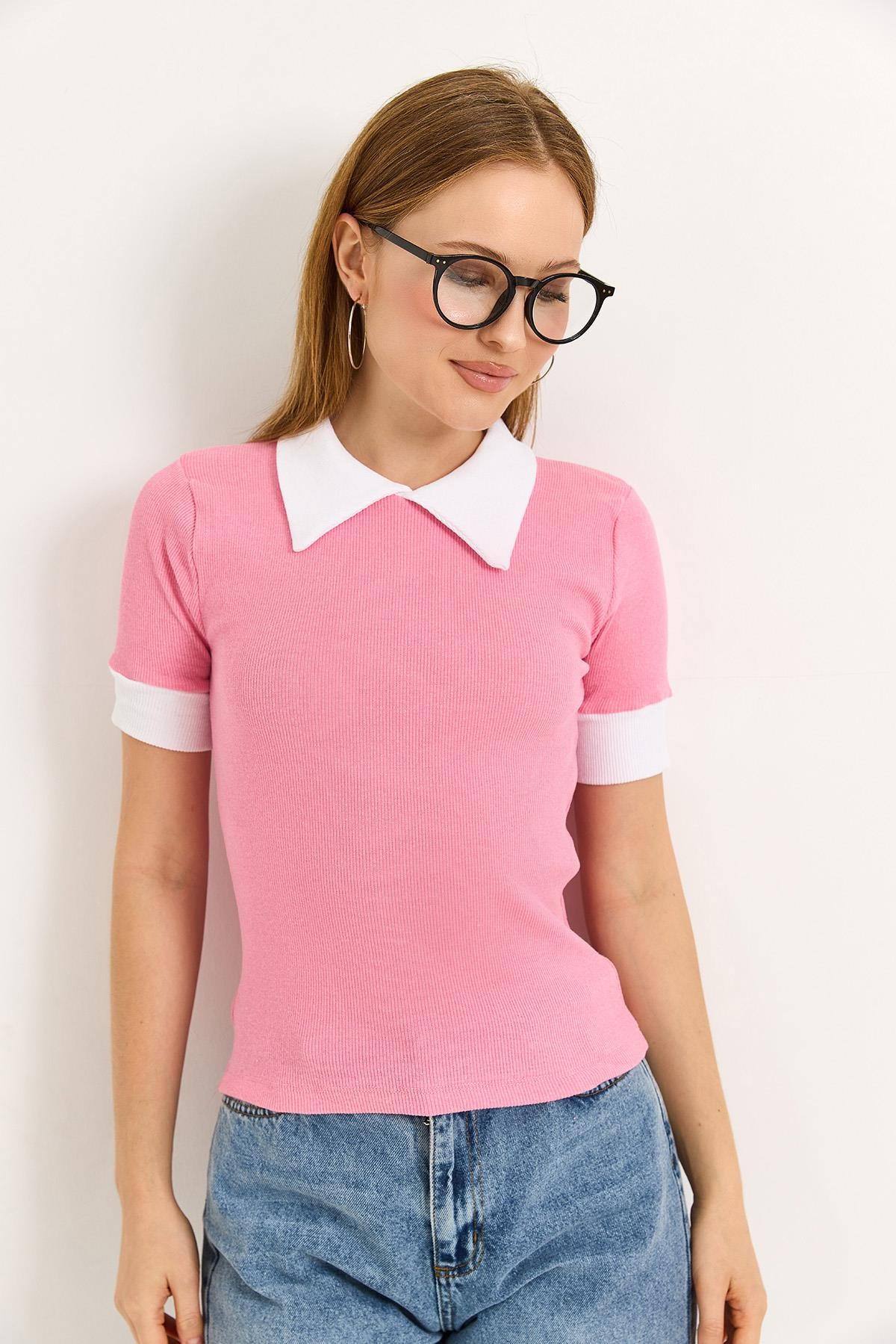 Gömlek Yaka Kaşkorse Bluz  Pembe 