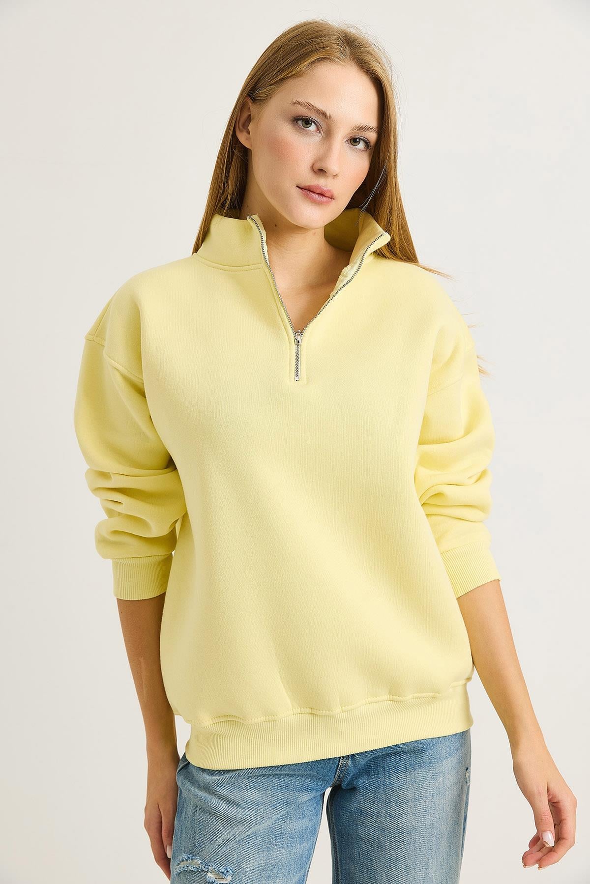 Kadın Yaka Fermuarlı 2 İplik Sweatshirt Sarı