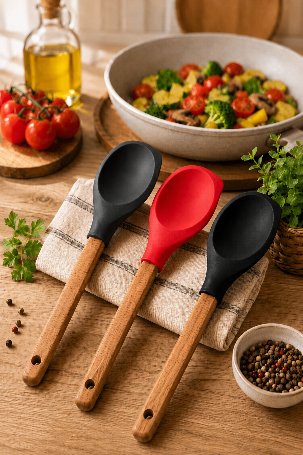 Ahşap Saplı Slikon Uçlu Spatula Kaşık 30 CM 
