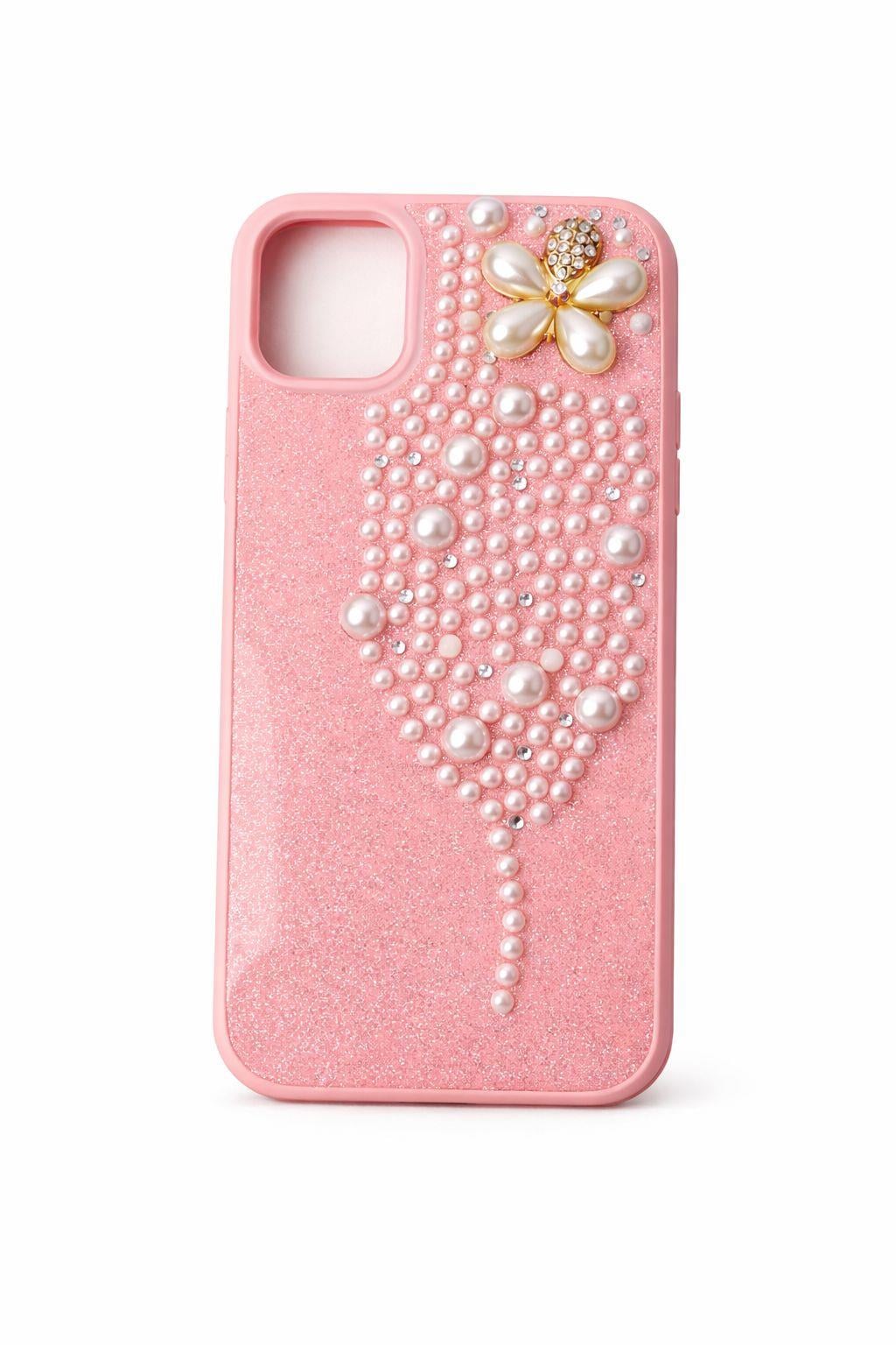 İphone 12 Uyumlu İnci ve Glitter Detaylı Kılıf Pembe
