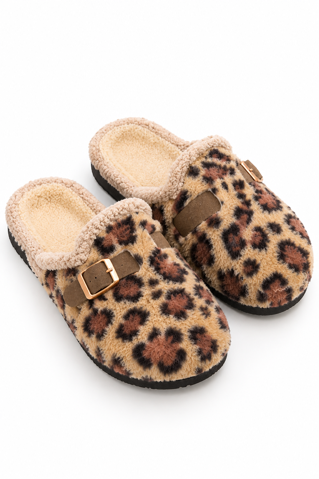 Leopar Desenli İçi Peluş Kürklü Kalın Tabanlı Ev Terliğ Vizoni