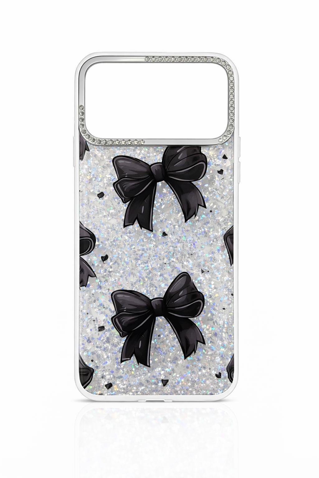 İphone 17 Pro Uyumlu Siyah Fiyonk Desenli Glitterlı Kılıf Şeffaf