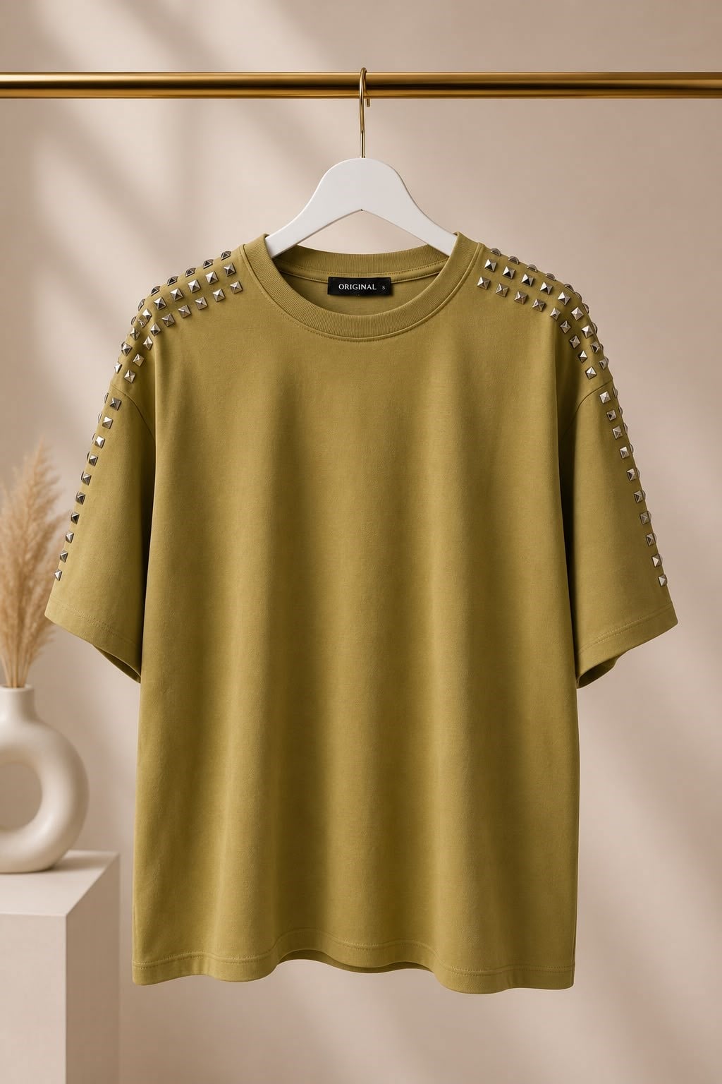 Kadın Kolları Taş Detaylı Düşük Omuz Tshirt Yeşil