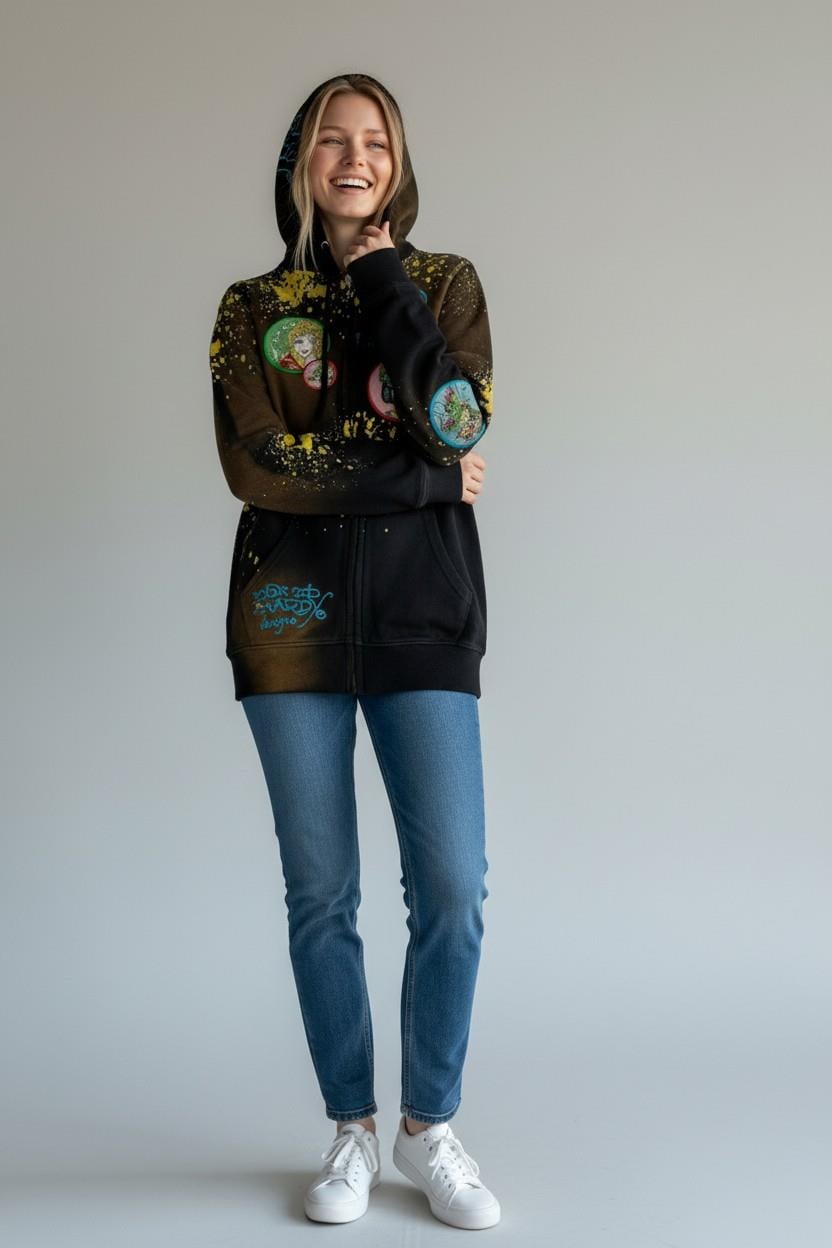 Kadın Fermuarlı Kapüşonlu Karışık Renk Vintage Sweatshirt