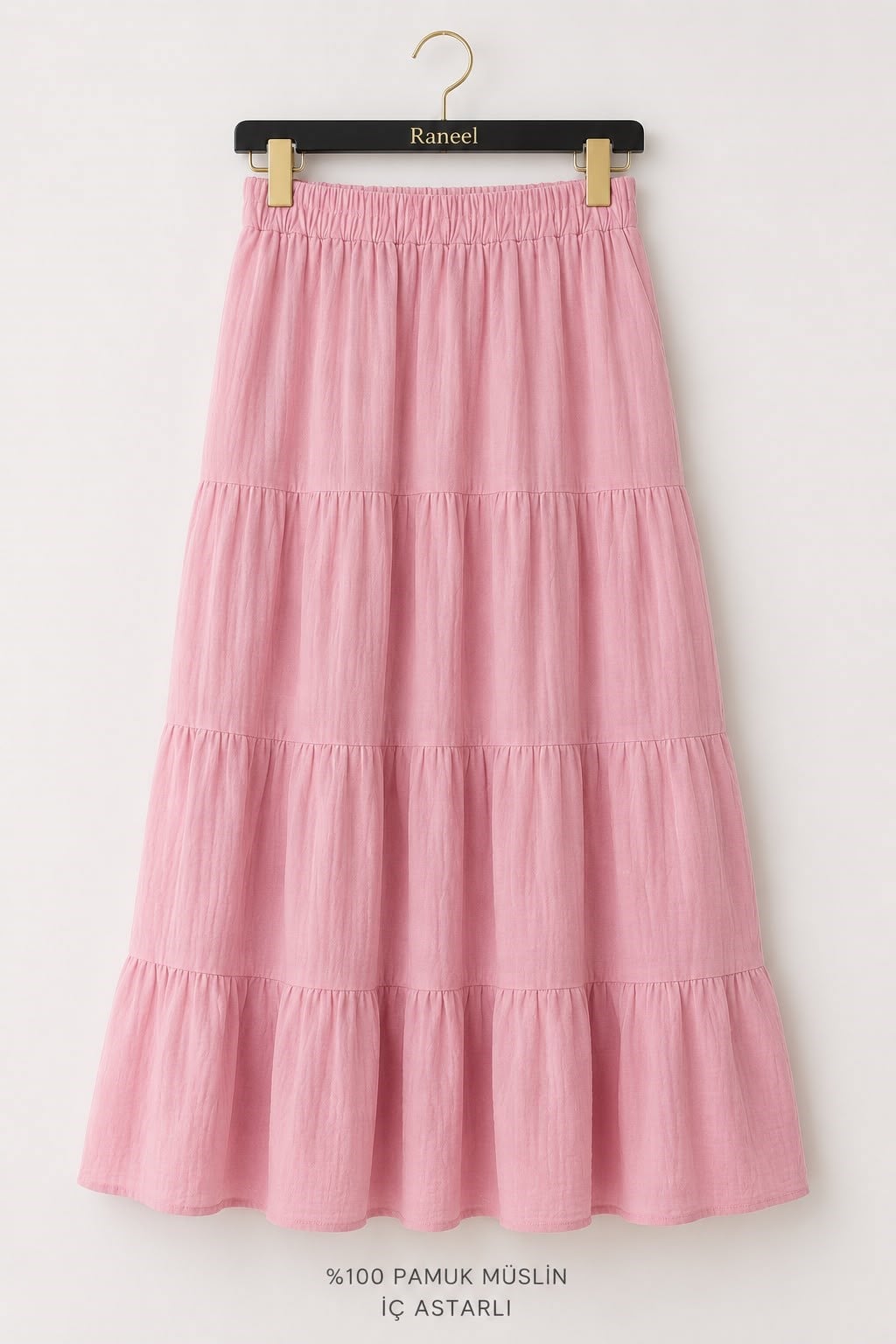 Kadın Beli Lastikli Katlı Müslin Etek Pembe