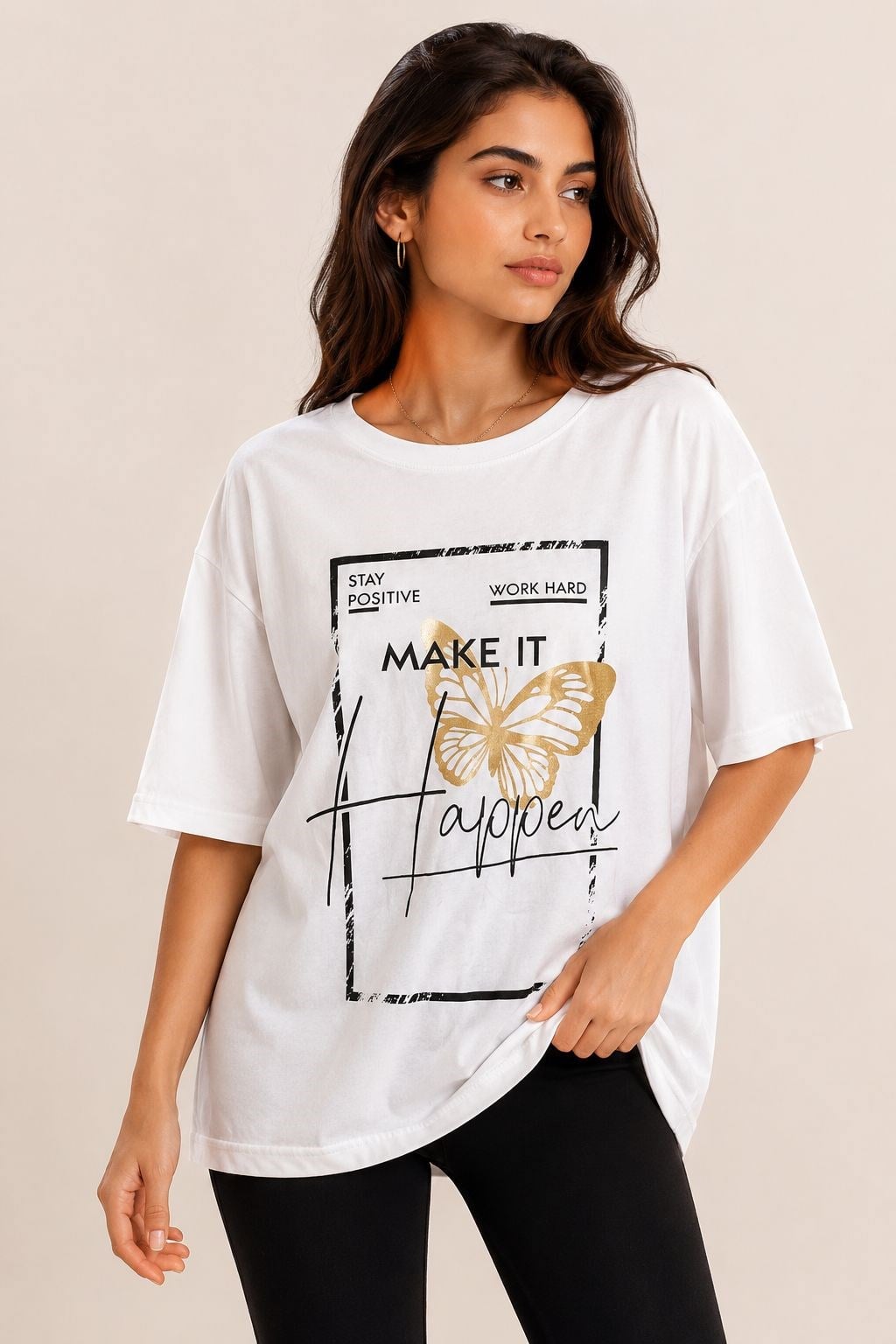 Kadın Bisiklet Yaka Rahat Kesim Tshirt Beyaz
