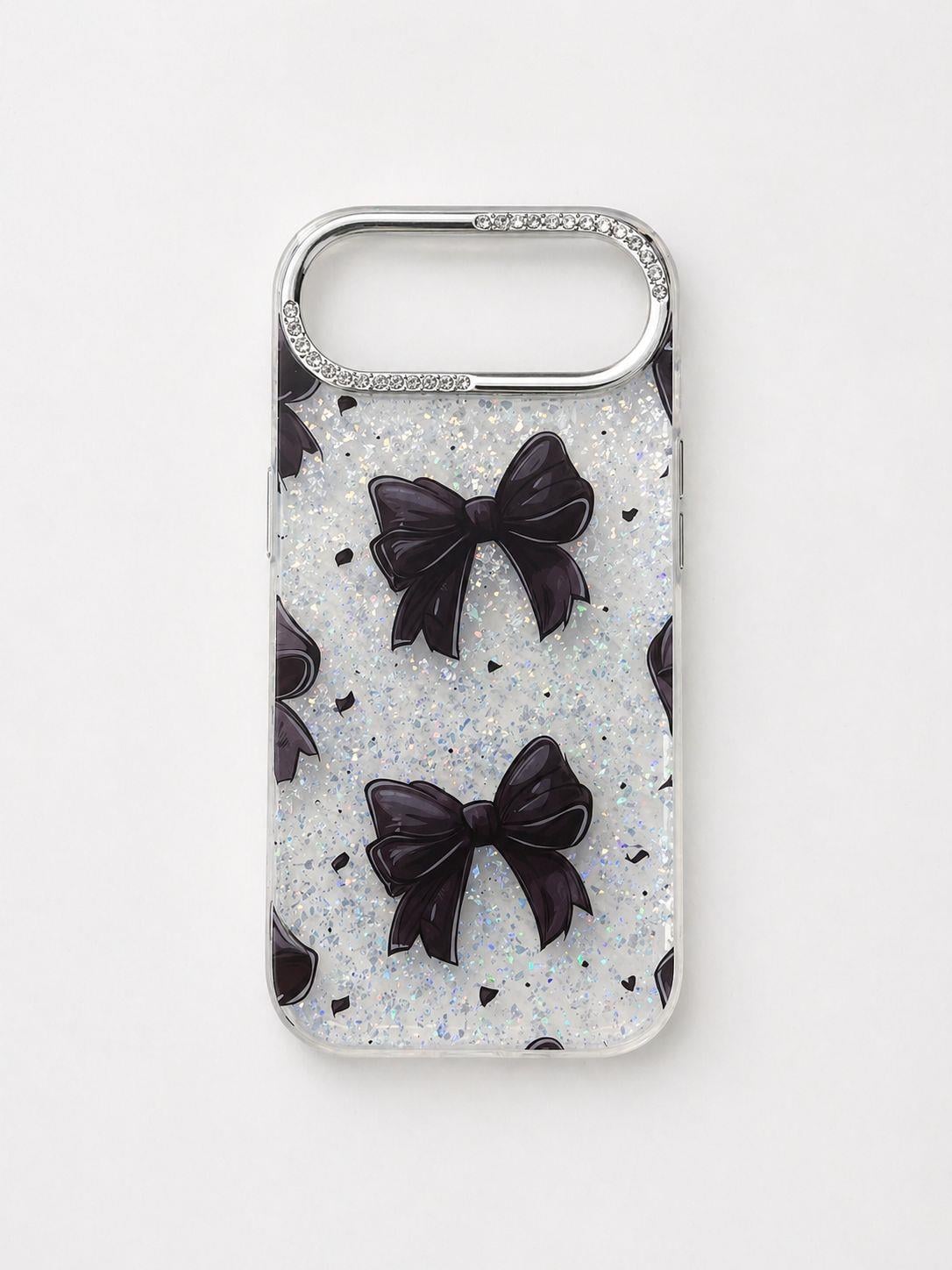 İphone 17 Air Uyumlu Siyah Fiyonk Desenli Glitterlı Kılıf Şeffaf