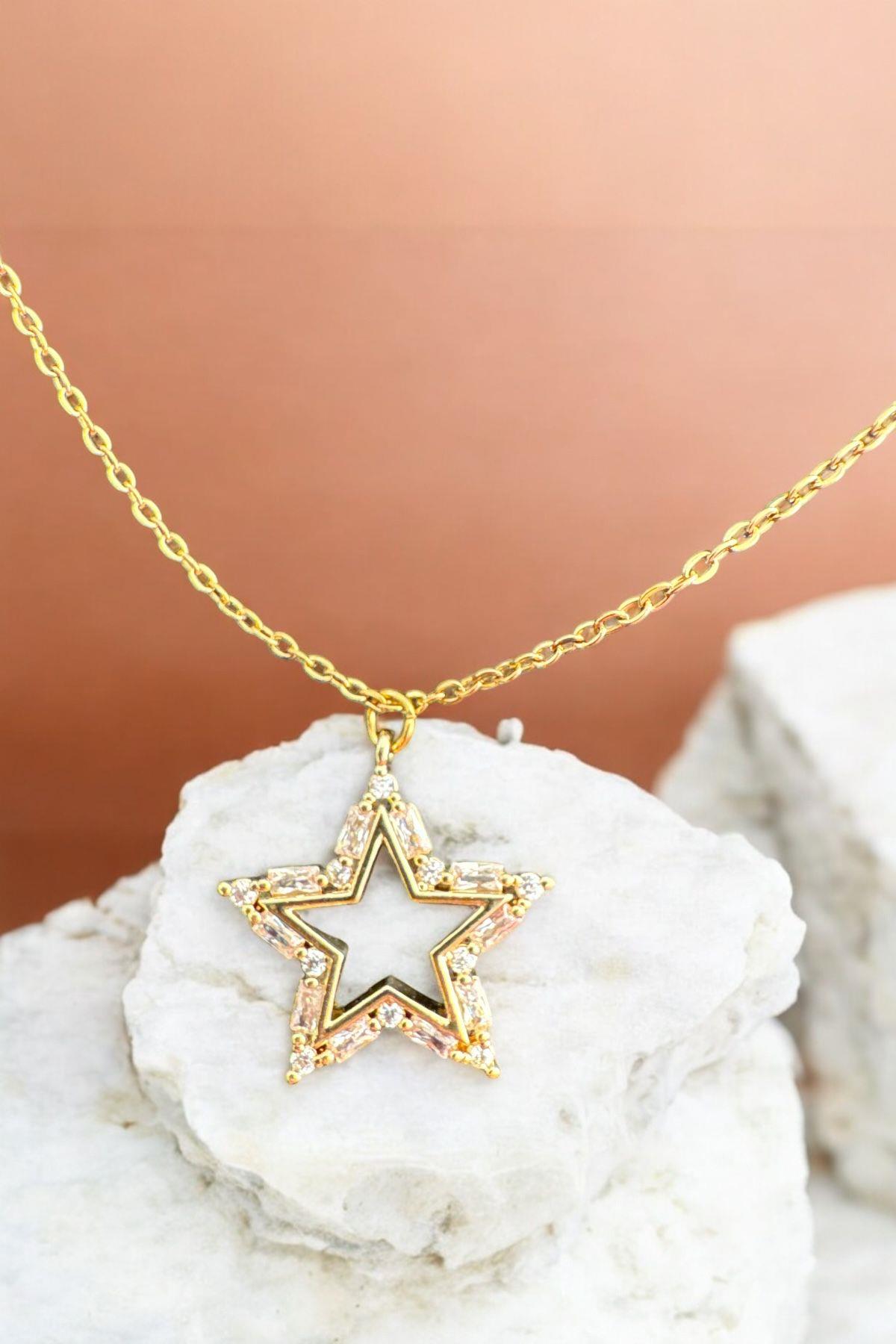 Altın Kaplama Taşlı Yıldızlı Kolye Gold