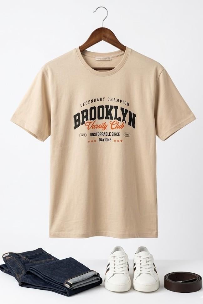 Kadın Bisiklet Yaka Kısa Kollu Tshirt Krem