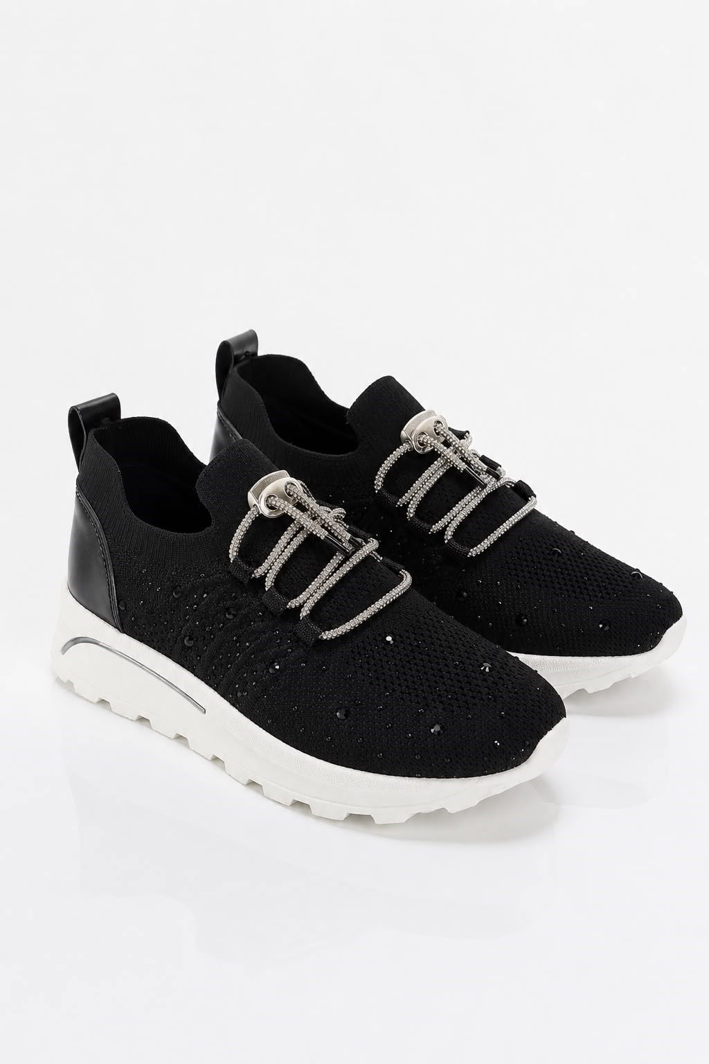 Kadın Triko Sneaker Taş Detaylı Konfor Taban Taş Bağcıklı Spor Ayakkabı Siyah