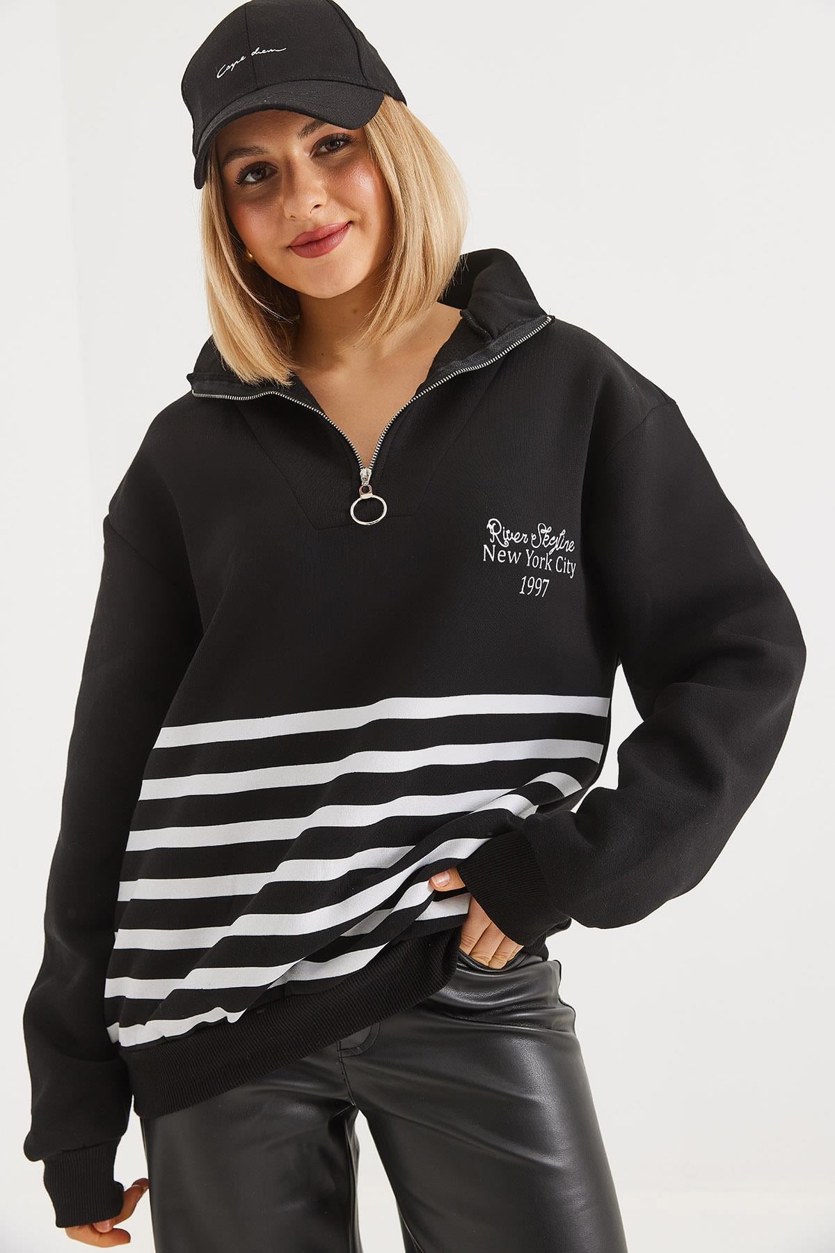  İçi Şardonlu Baskılı Fermuarlı Sweatshirt  Siyah