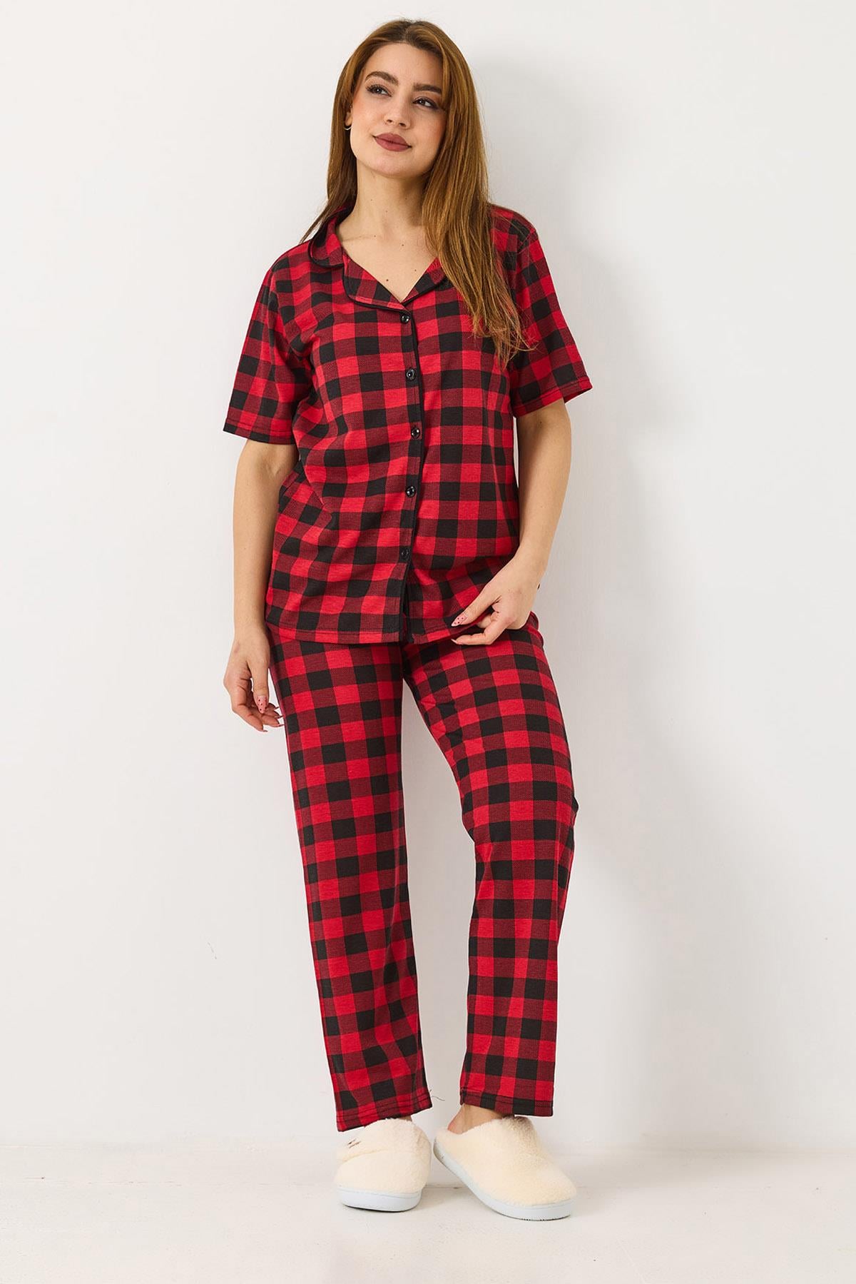 Kadın Ekoseli Pijama Takımı Kırmızı
