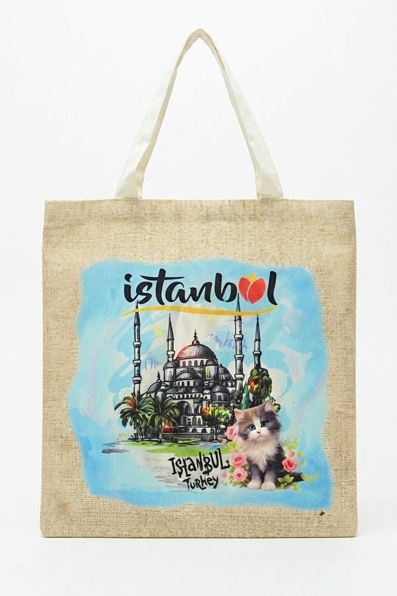 Kadın Cami Baskılı İstanbul Yazılı Kedi Detay 40X32 Ölçülü Bez Omuz Çantası Mavi