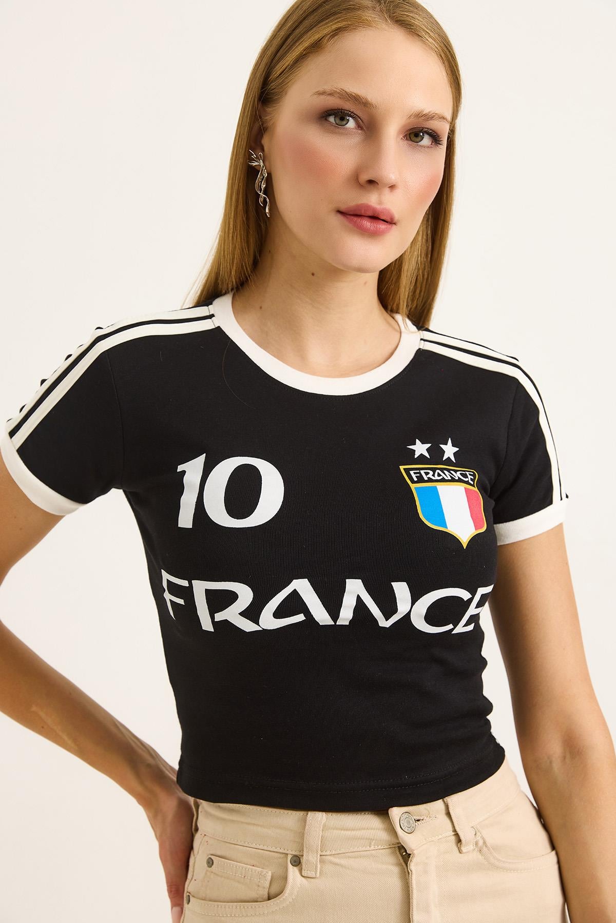 Bisiklet Yaka Baskılı Crop Tshirt Siyah