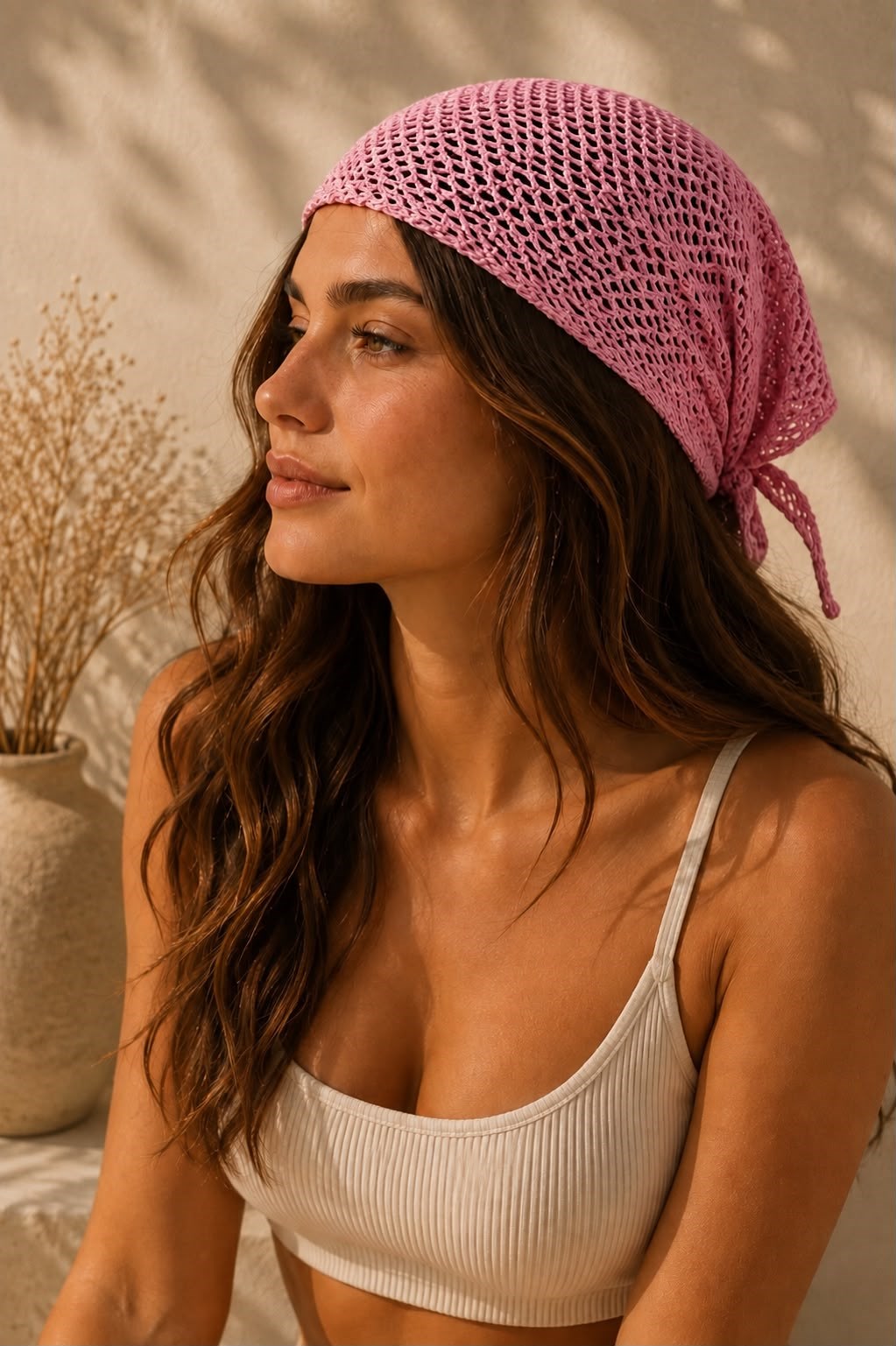 Kadın Üçgen Örgü Bandana Pembe