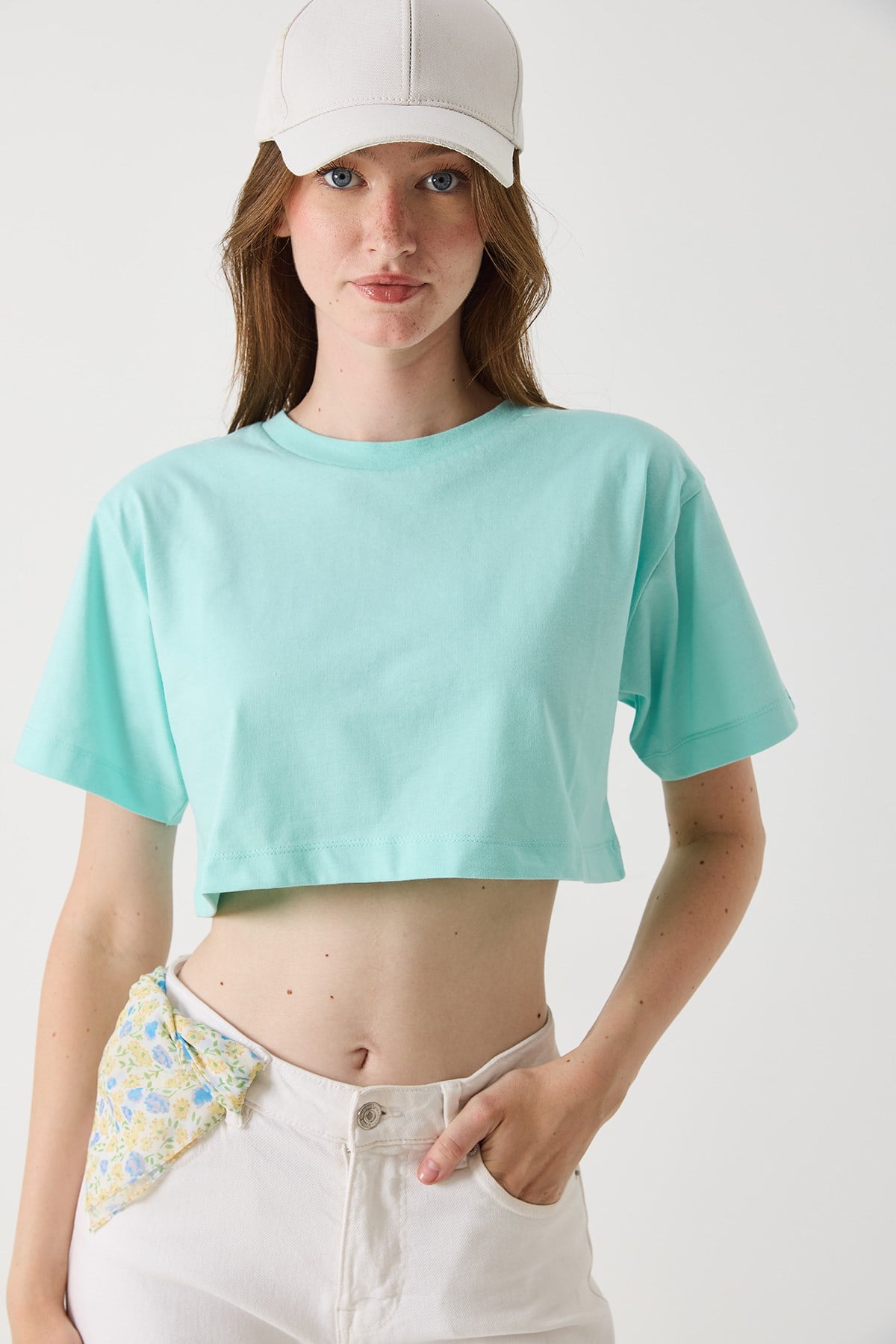 Kadın Bisiklet Yaka Crop Bluz Yeşil