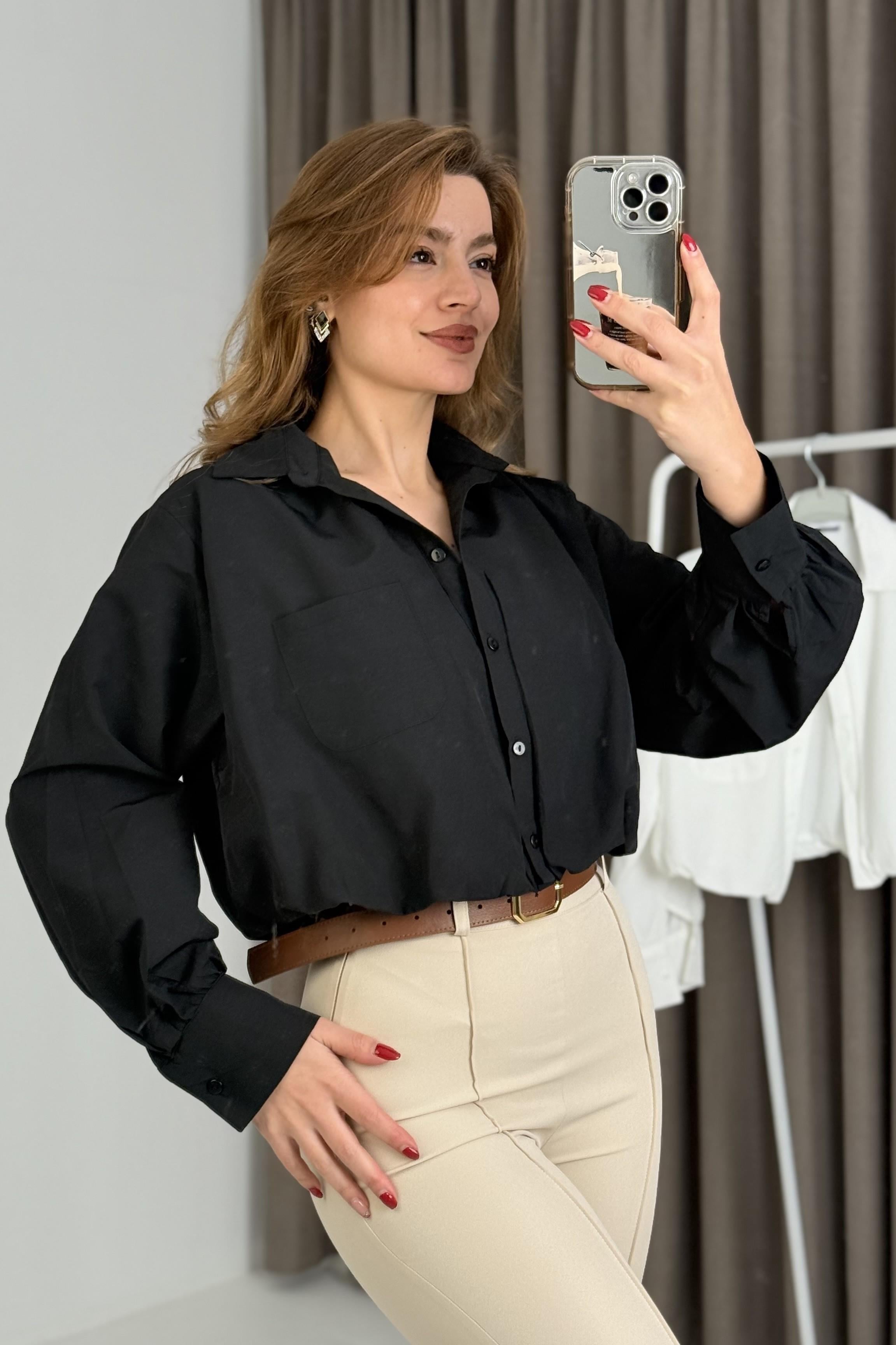 Kadın Balon Model Crop Şık Gömlek Siyah
