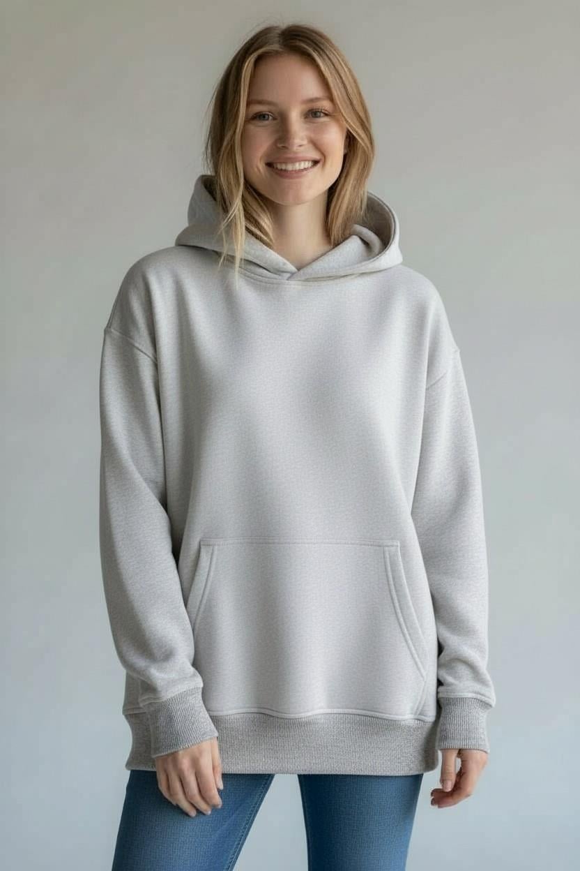 Kadın Kapüşonlu 3 İplik Şardonlu Gri Sweatshirt