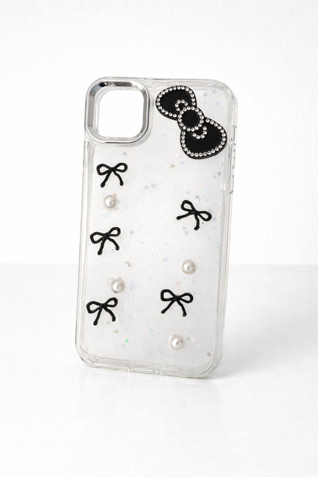 İphone 11 Uyumlu Kurdeleli ve İnci Taşlı Kılıf Siyah