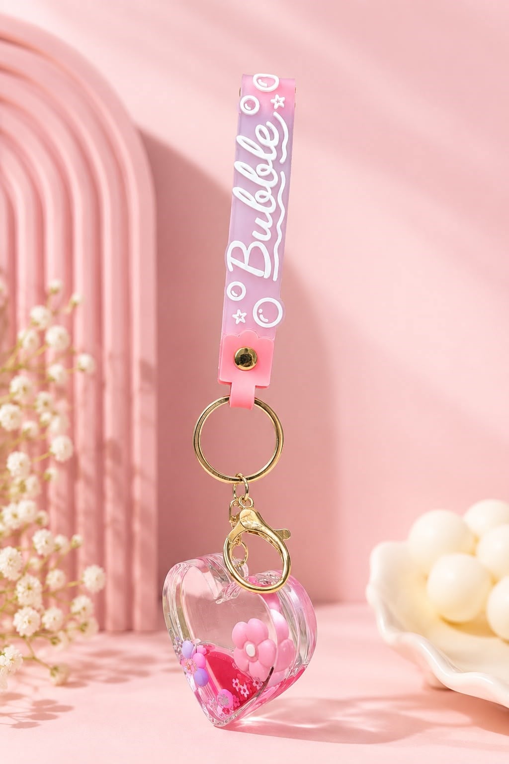 Bubble Kalp Figürlü İçi Sulu Anahtarlık Açık Pembe