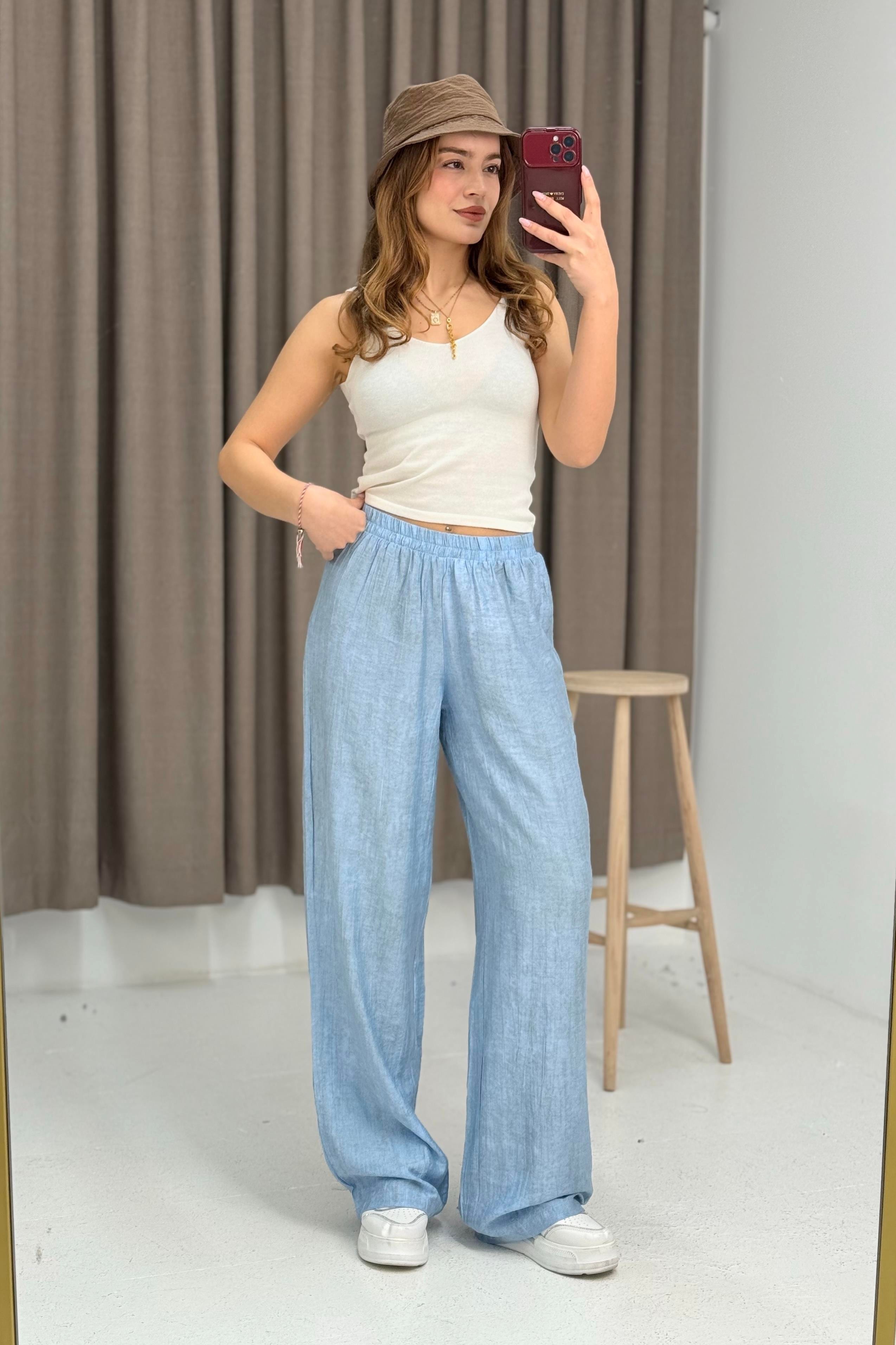 Kadın Keten Bol Kesim Astarsız Beli Lastikli Keten Pantolon Mavi