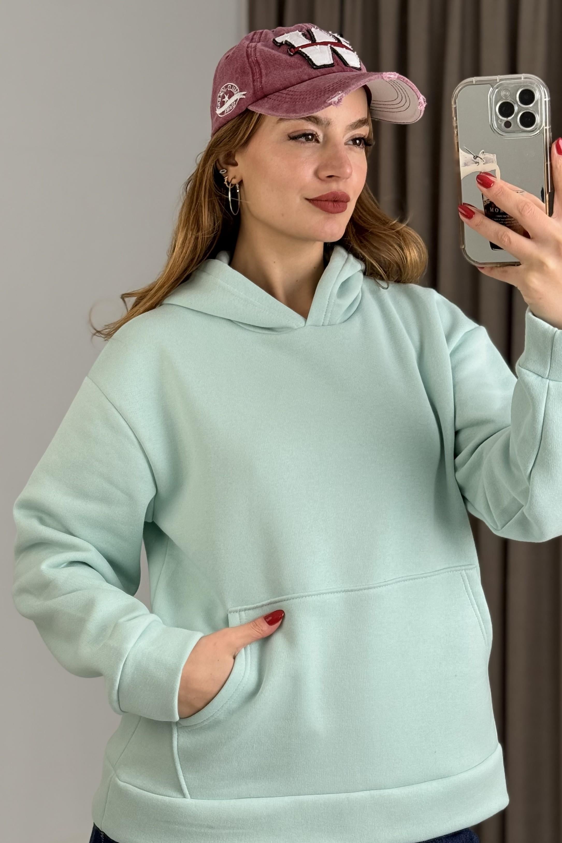 Üç İplik Mavi Şardonlu Kangru Cepli Kapişonlu Sweat